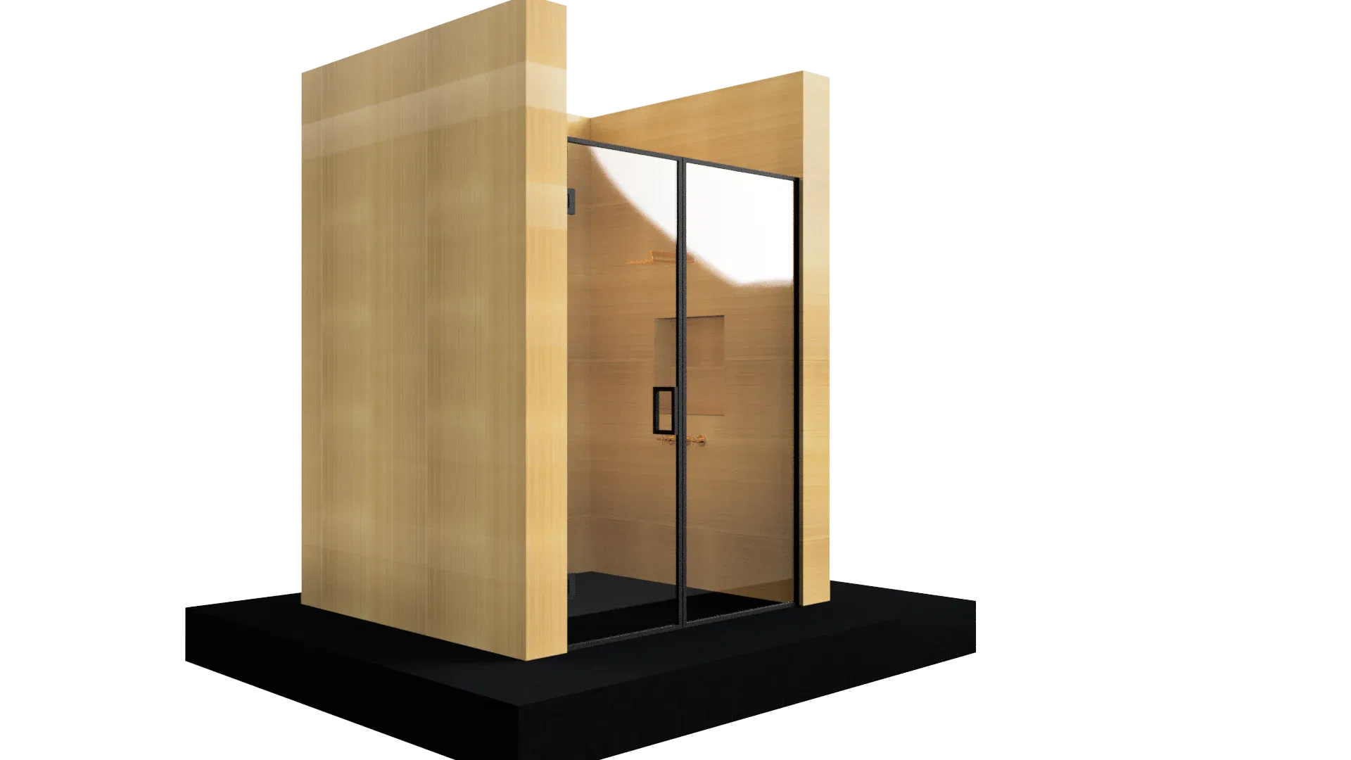 Modern glass door with black frame and wood interior, ideal for stylish commercial or residential entryways.