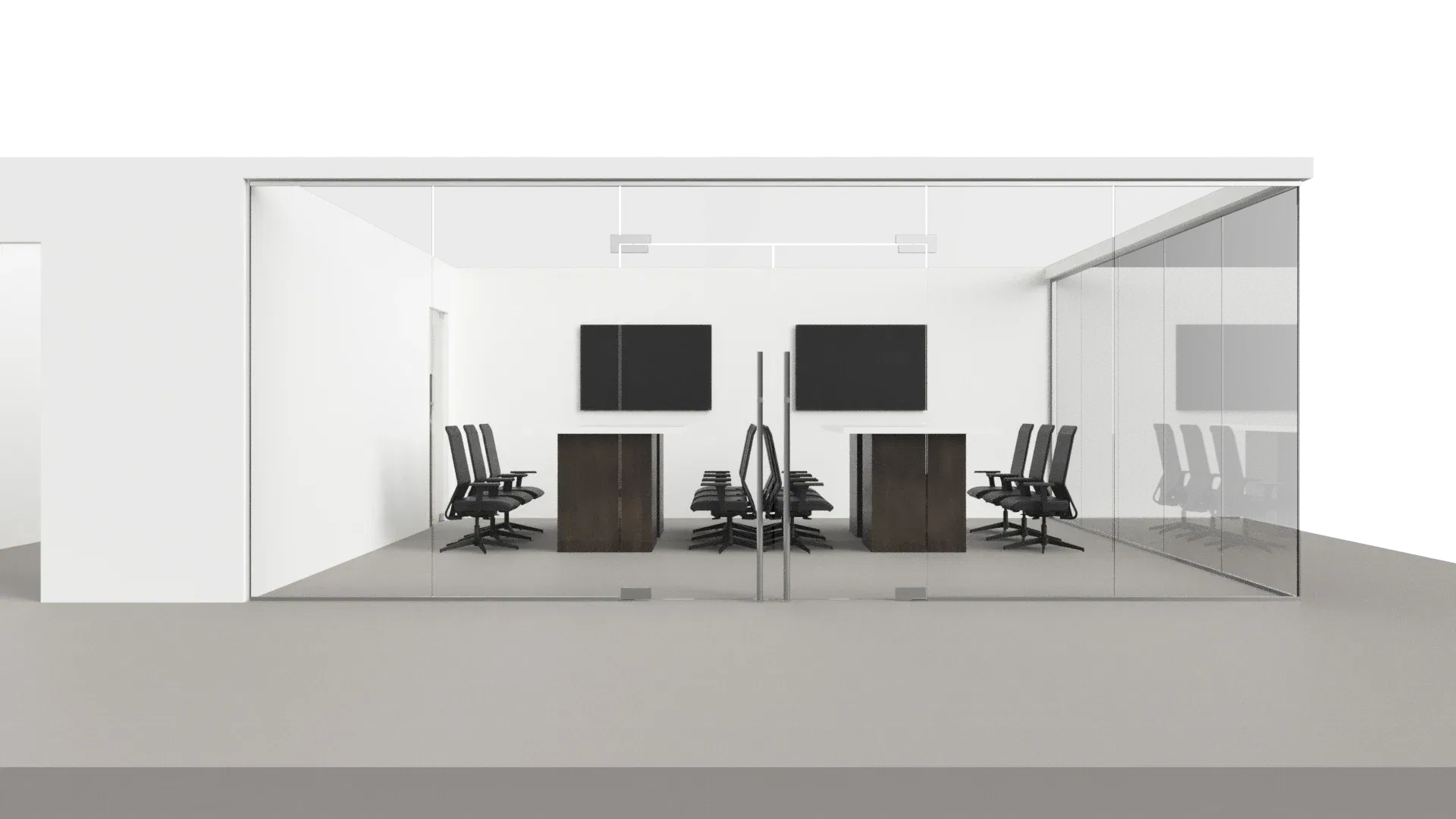 Modern glass conference room with sleek glass walls and stylish black chairs.