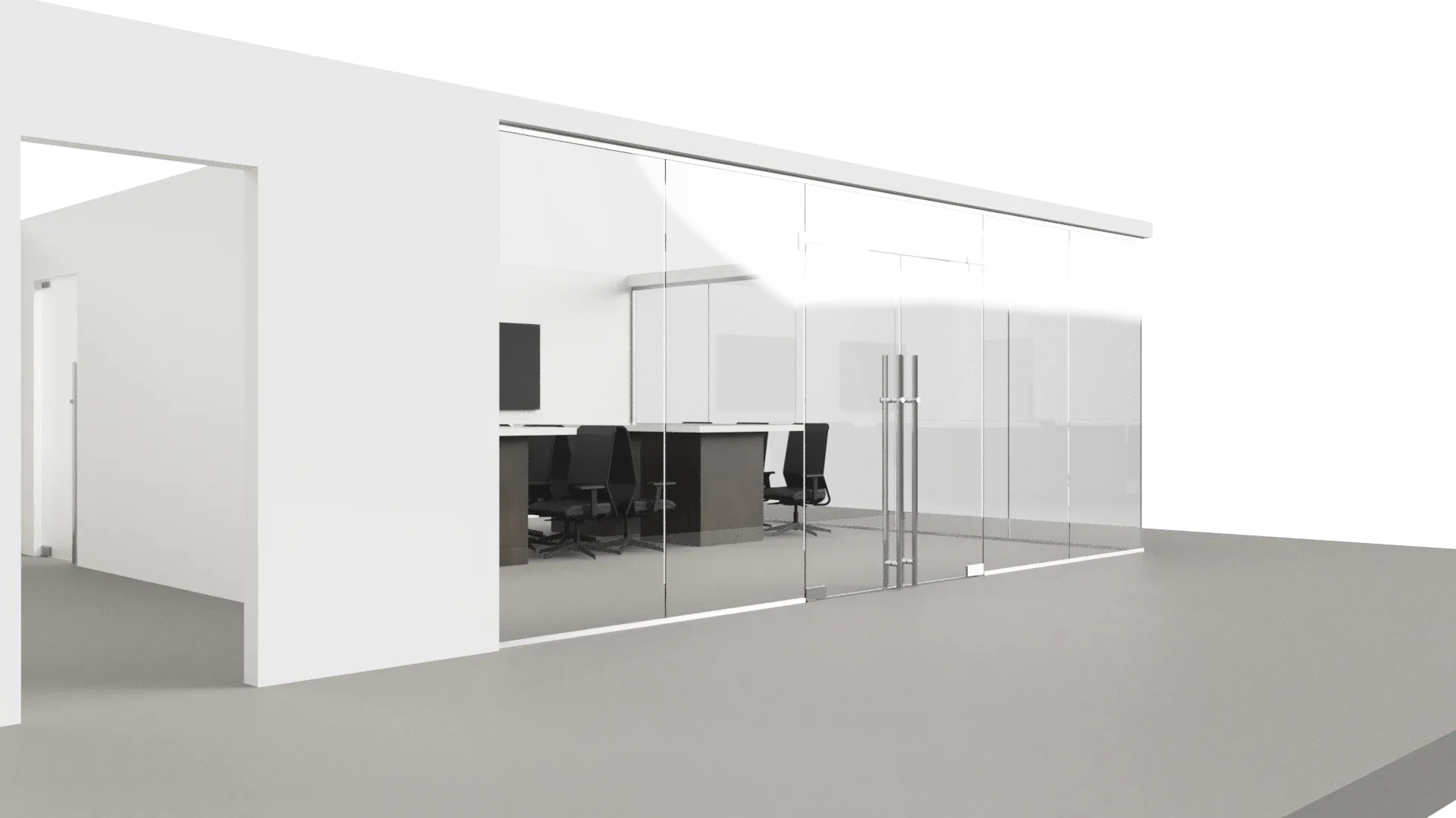 High-quality glass office wall with mirrored doors for modern commercial spaces.