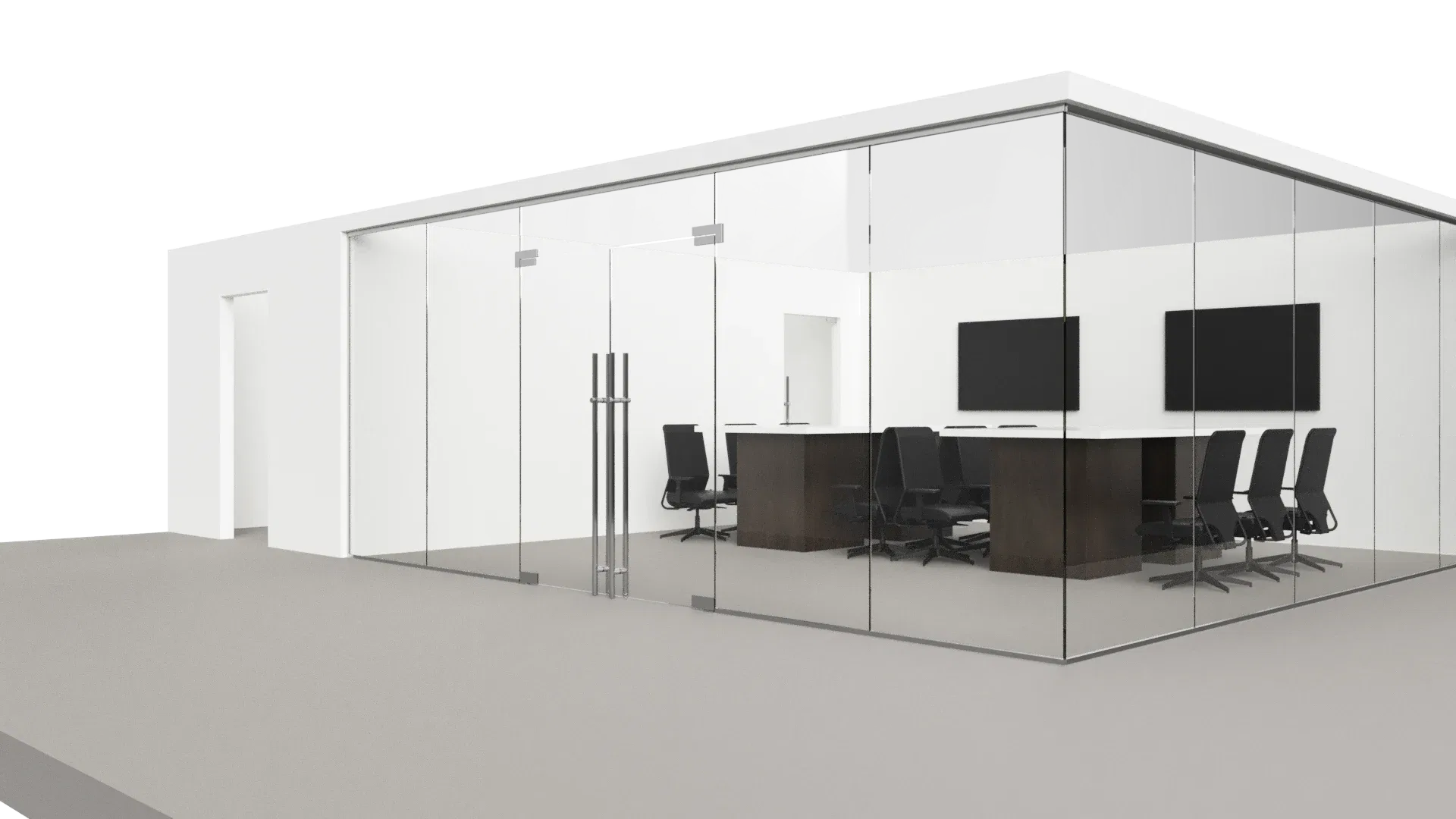 Modern glass-walled conference room with black chairs and wall-mounted screens, ideal for business meetings.