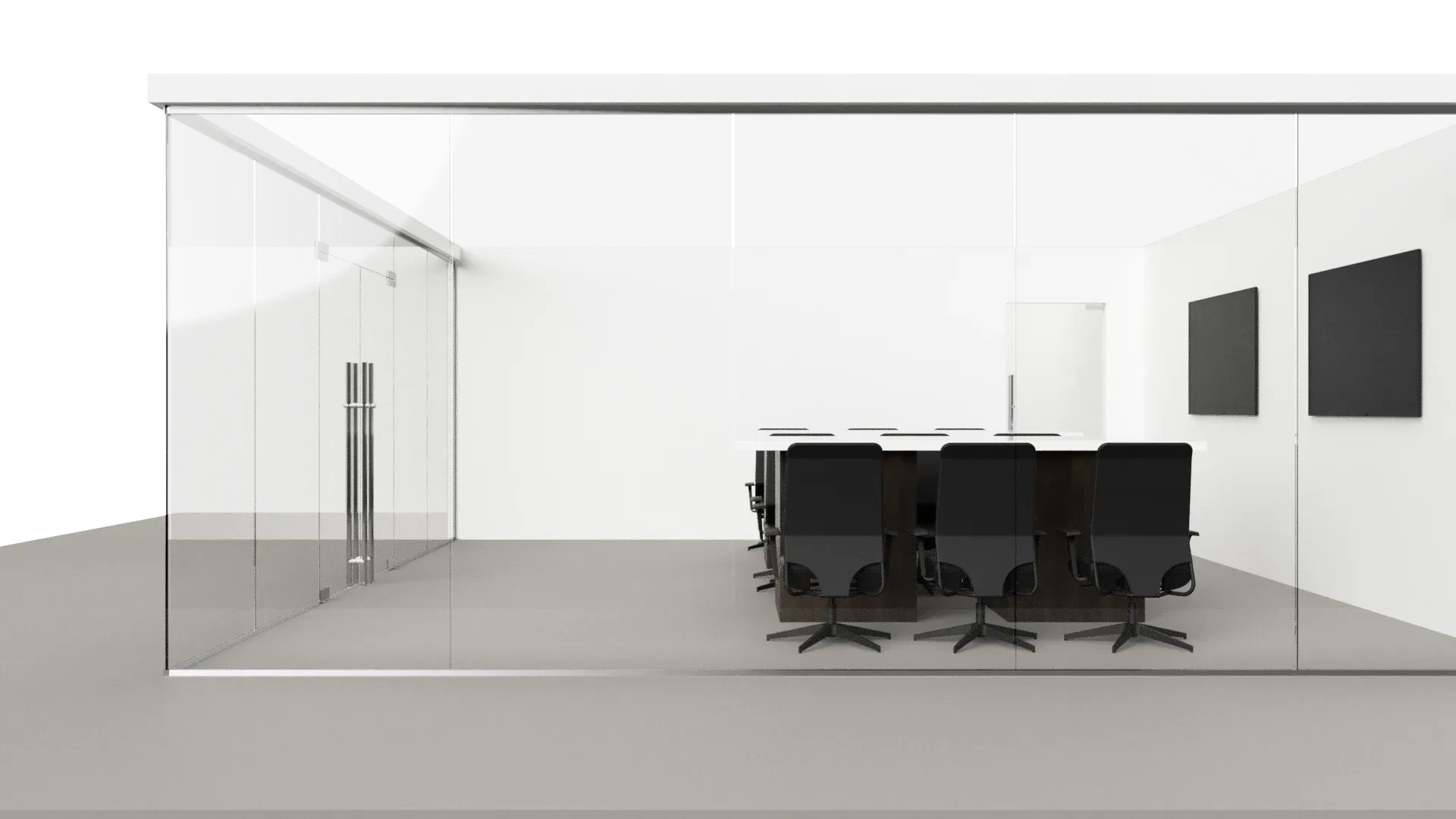 Elegant glass wall with modern office furniture and black chairs.