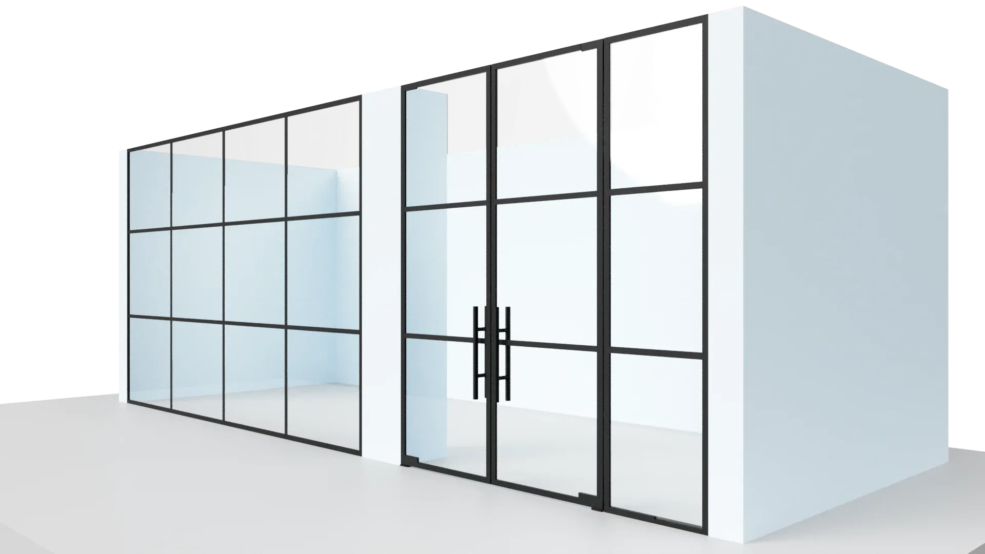 Modern glass room with black metal framing and double doors.