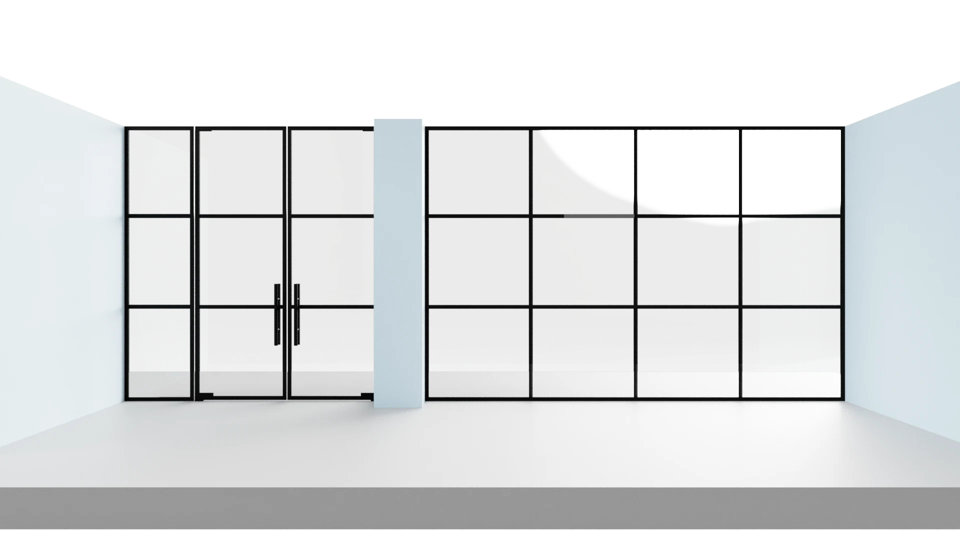 Elegant black-framed glass doors and reflective mirror panels in contemporary space.