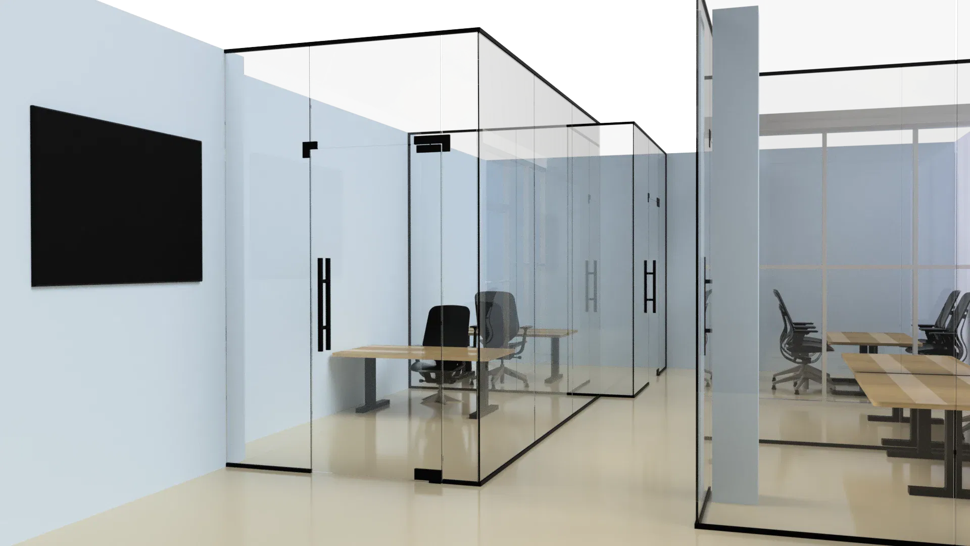 Modern office with glass walls and glass partitions, sleek black office chairs, and wooden desks for professional meetings.