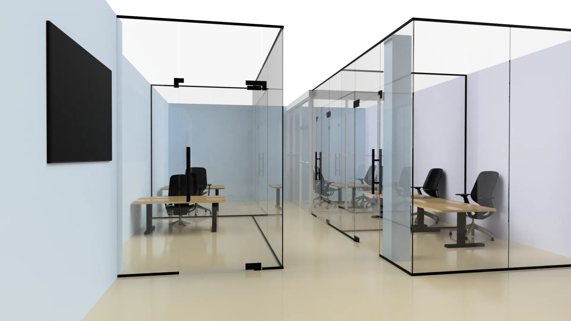 Glass office partitions with black frames for modern workspace separation.
