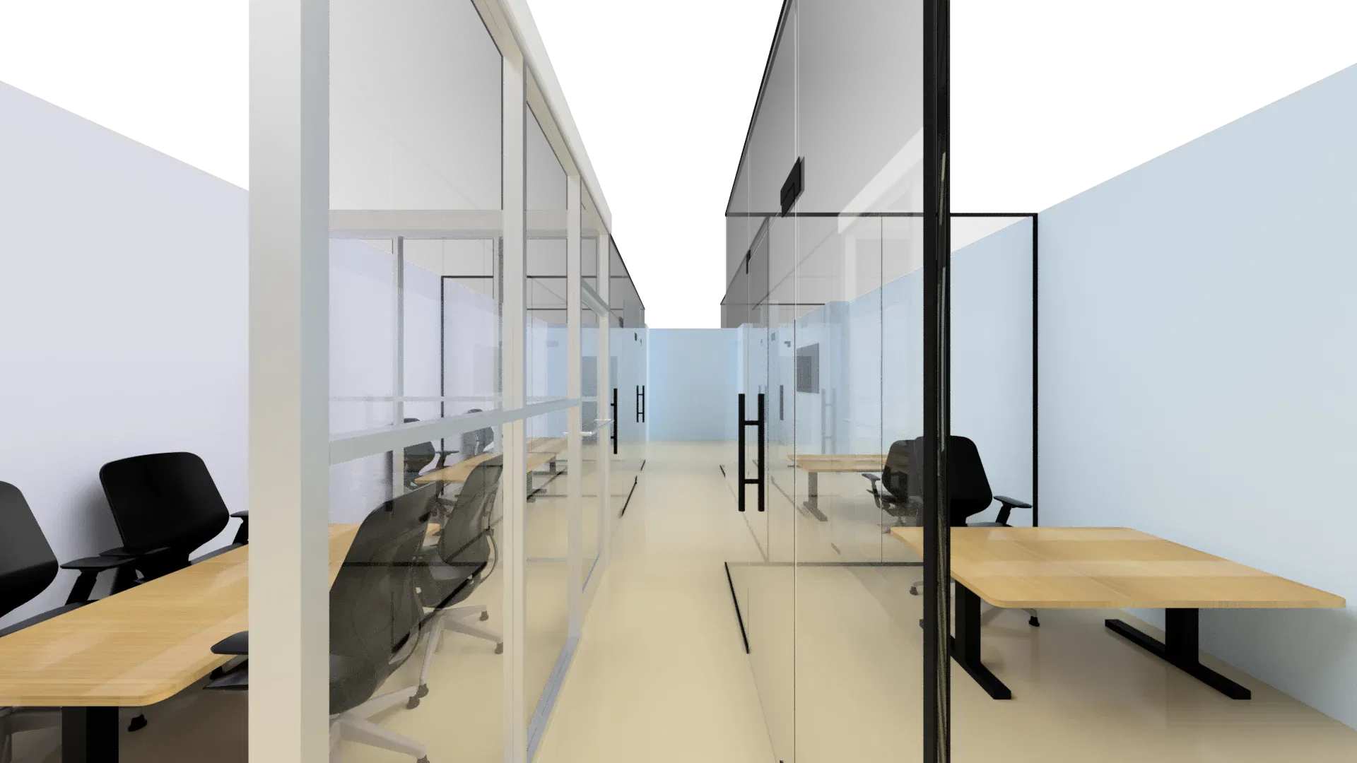 High-quality glass partition with mirror panels separating office spaces, creating a stylish, functional workspace.
