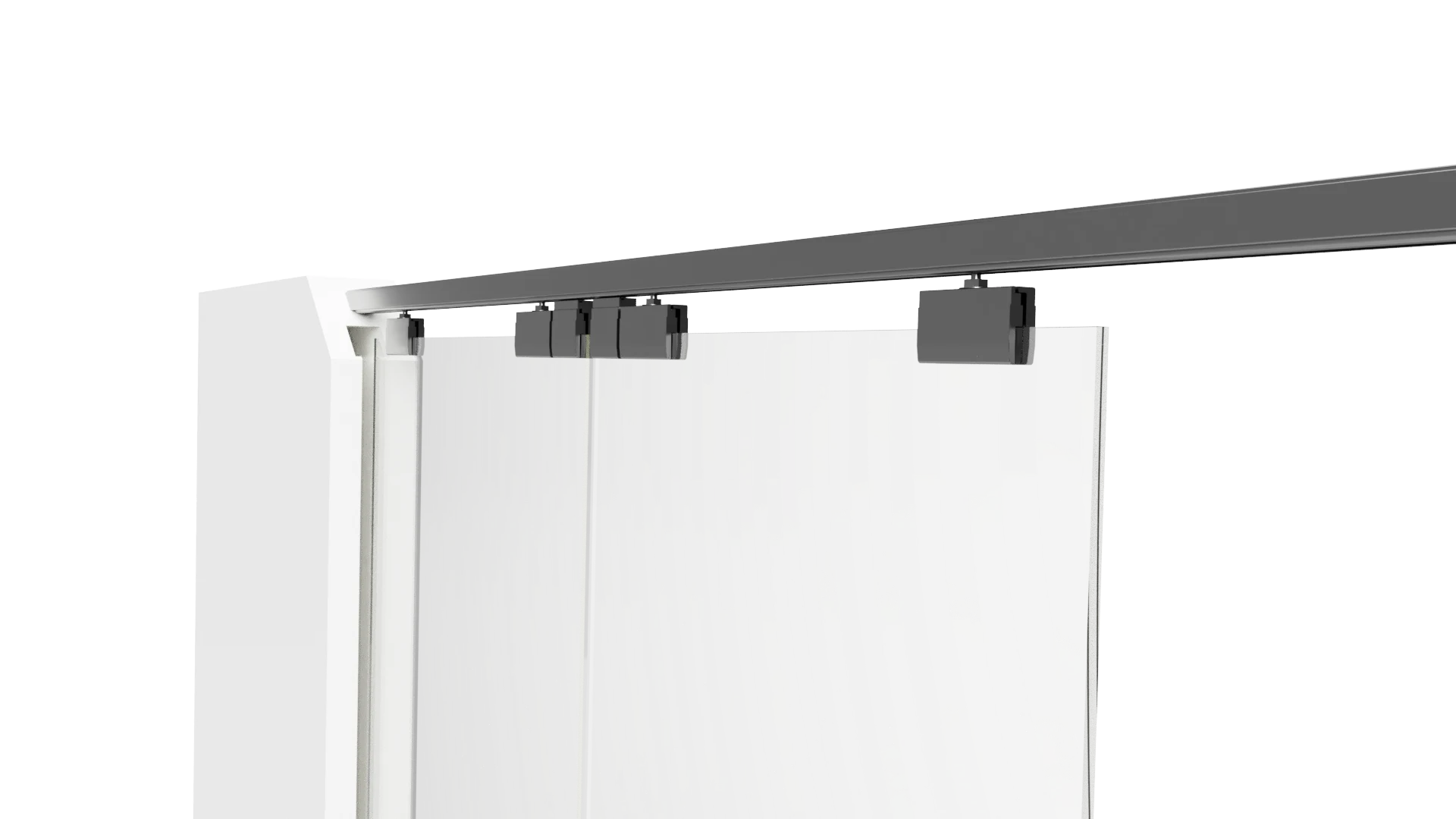 Modern sliding glass door hardware with sleek metal tracks and rollers.