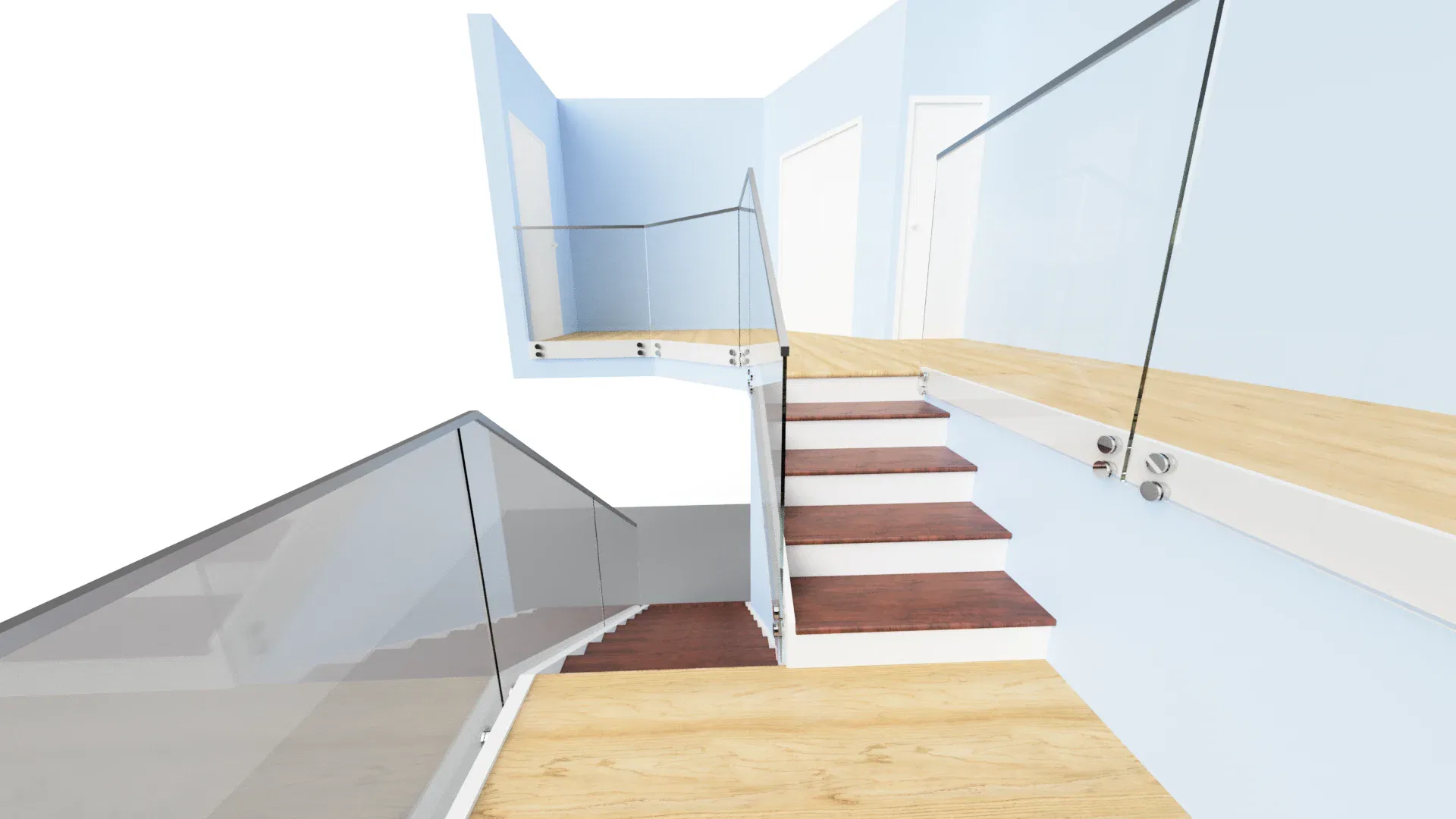 Modern glass staircase with mirror panels in stylish interior setting.
