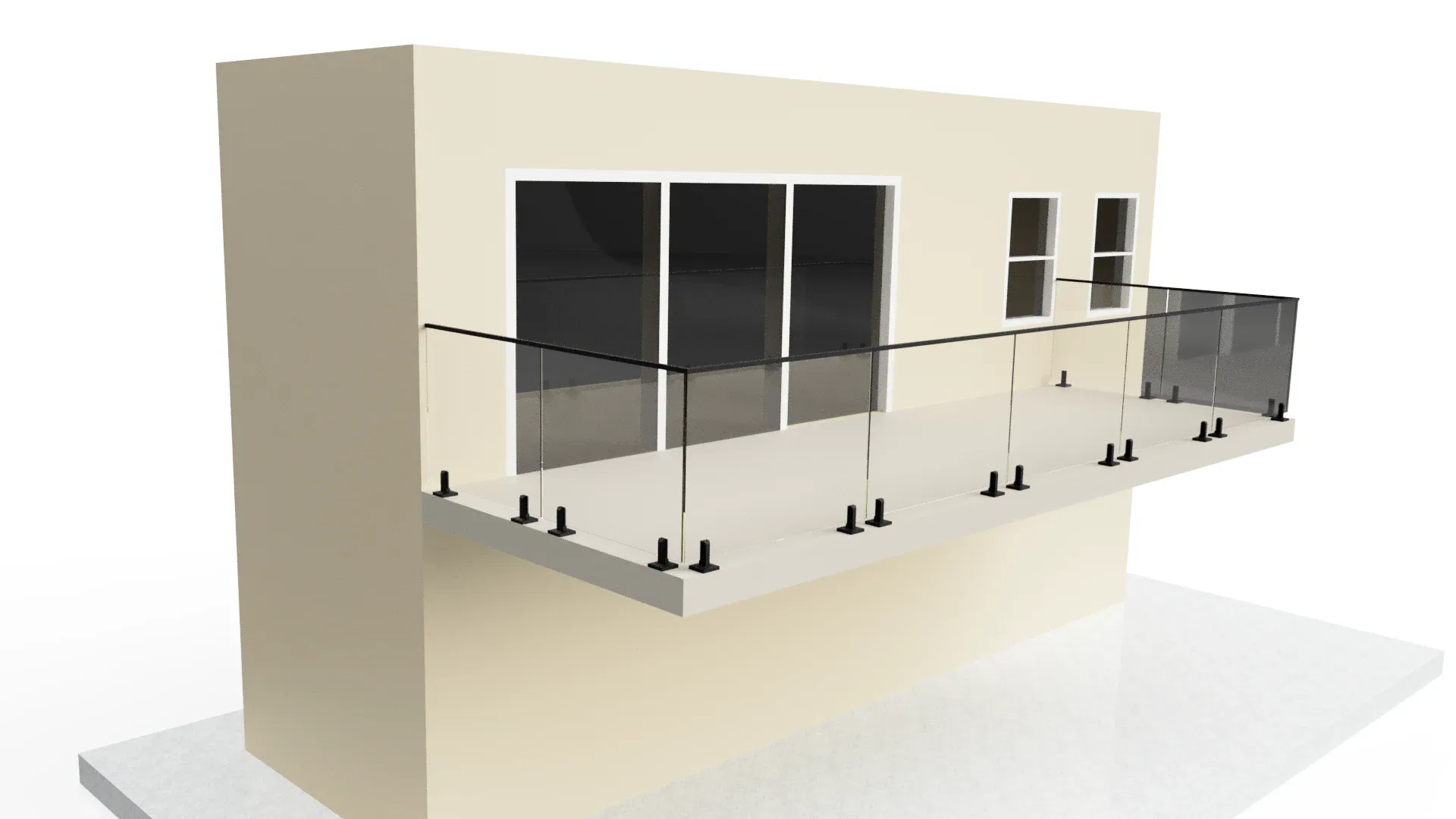 Modern glass balcony railing with sleek glass panels and black metal fittings.