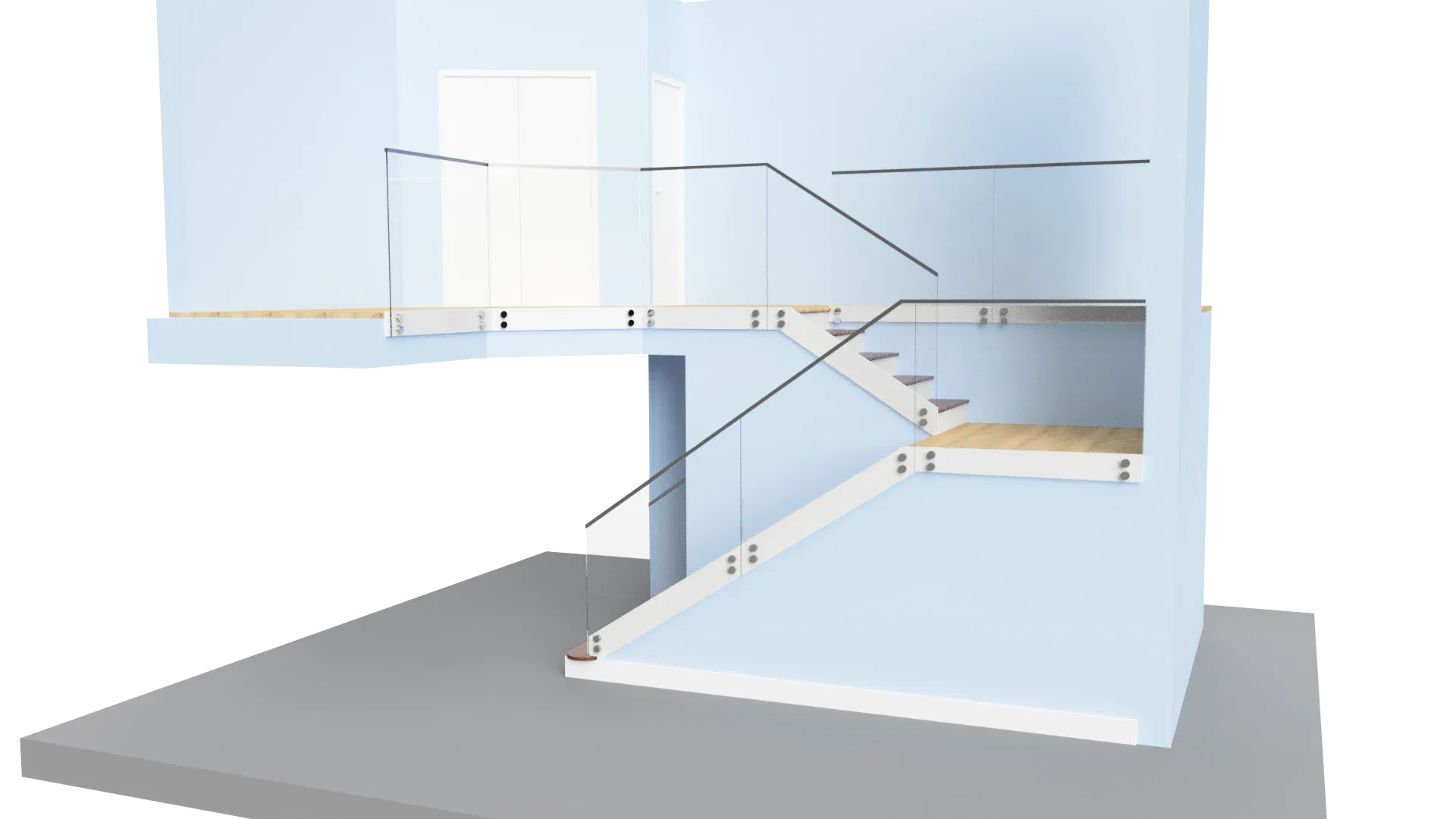 Clear glass staircase with contemporary glass railing and custom mirrors for upscale interior design.