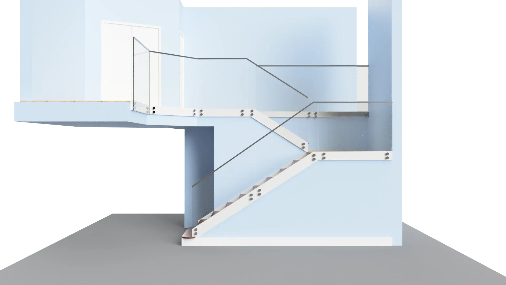 Glass staircase with sleek metal handrail and contemporary style.