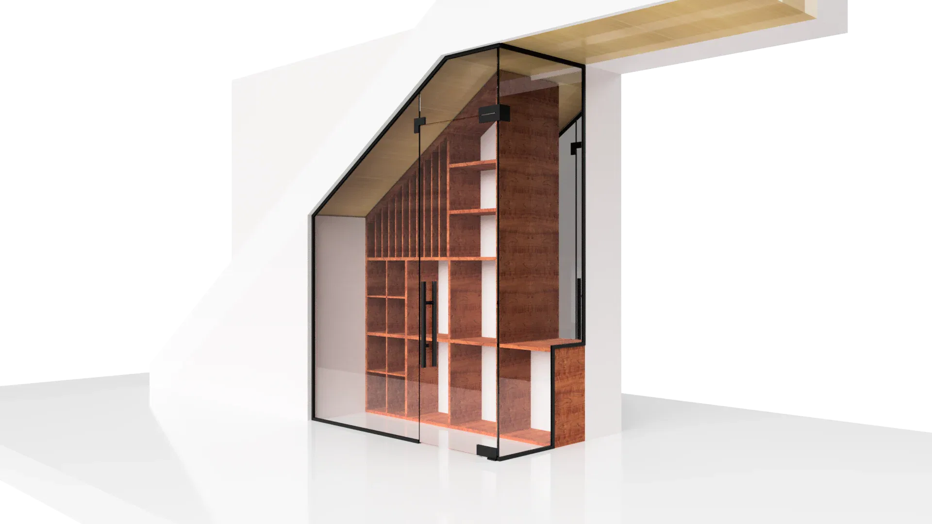 Elegant glass cabinet with wooden shelving and black metal frame.