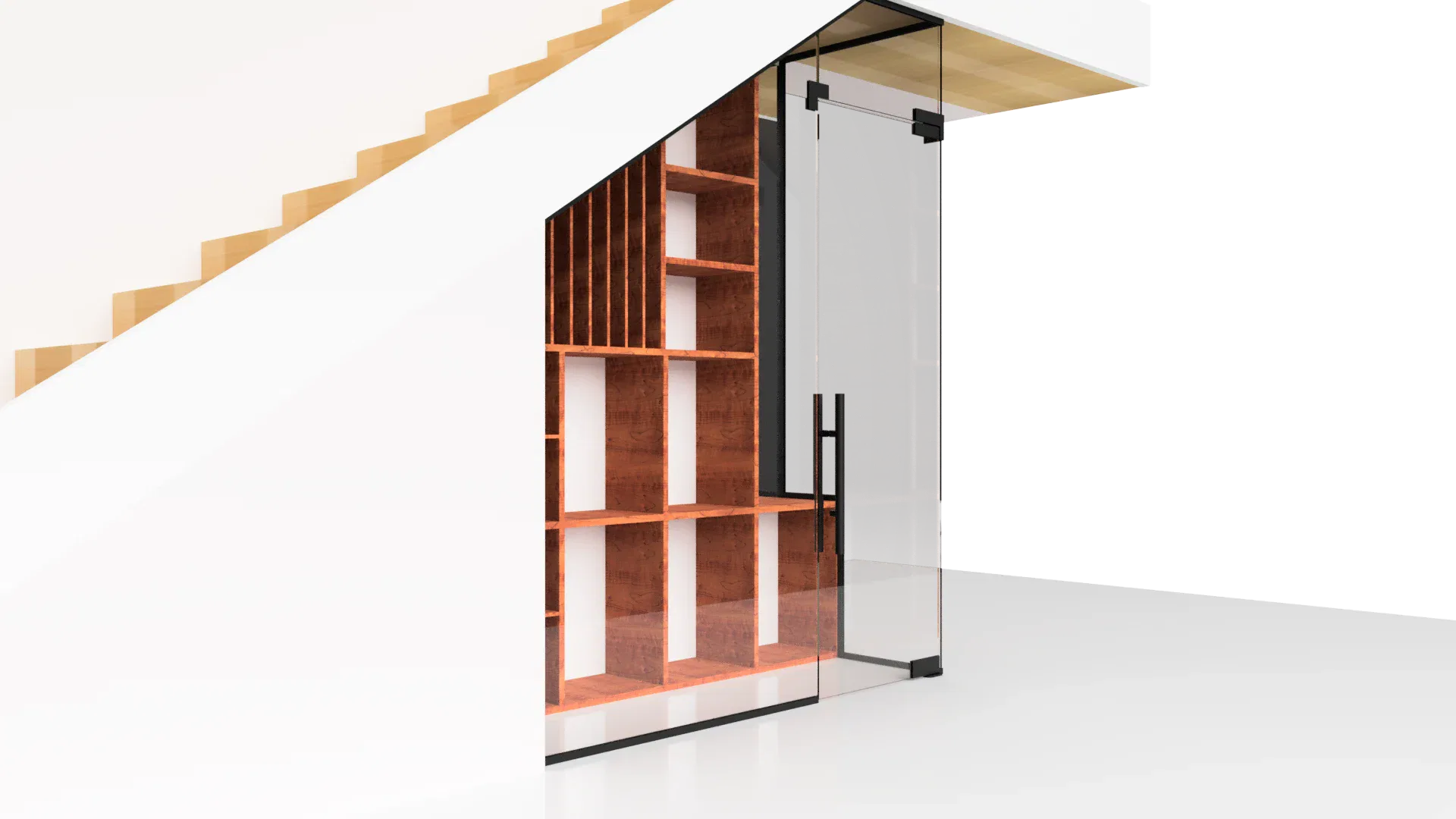 Custom glass and mirror closet under staircase, modern design, wooden shelving, sleek black frame.