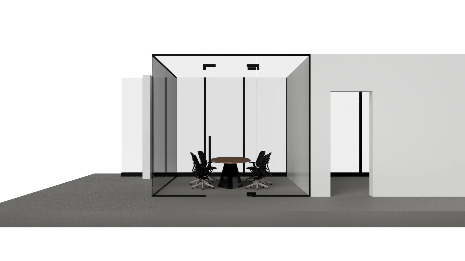 Modern glass office with a round table and black chairs, featuring floor-to-ceiling glass walls for a sleek, professional look.