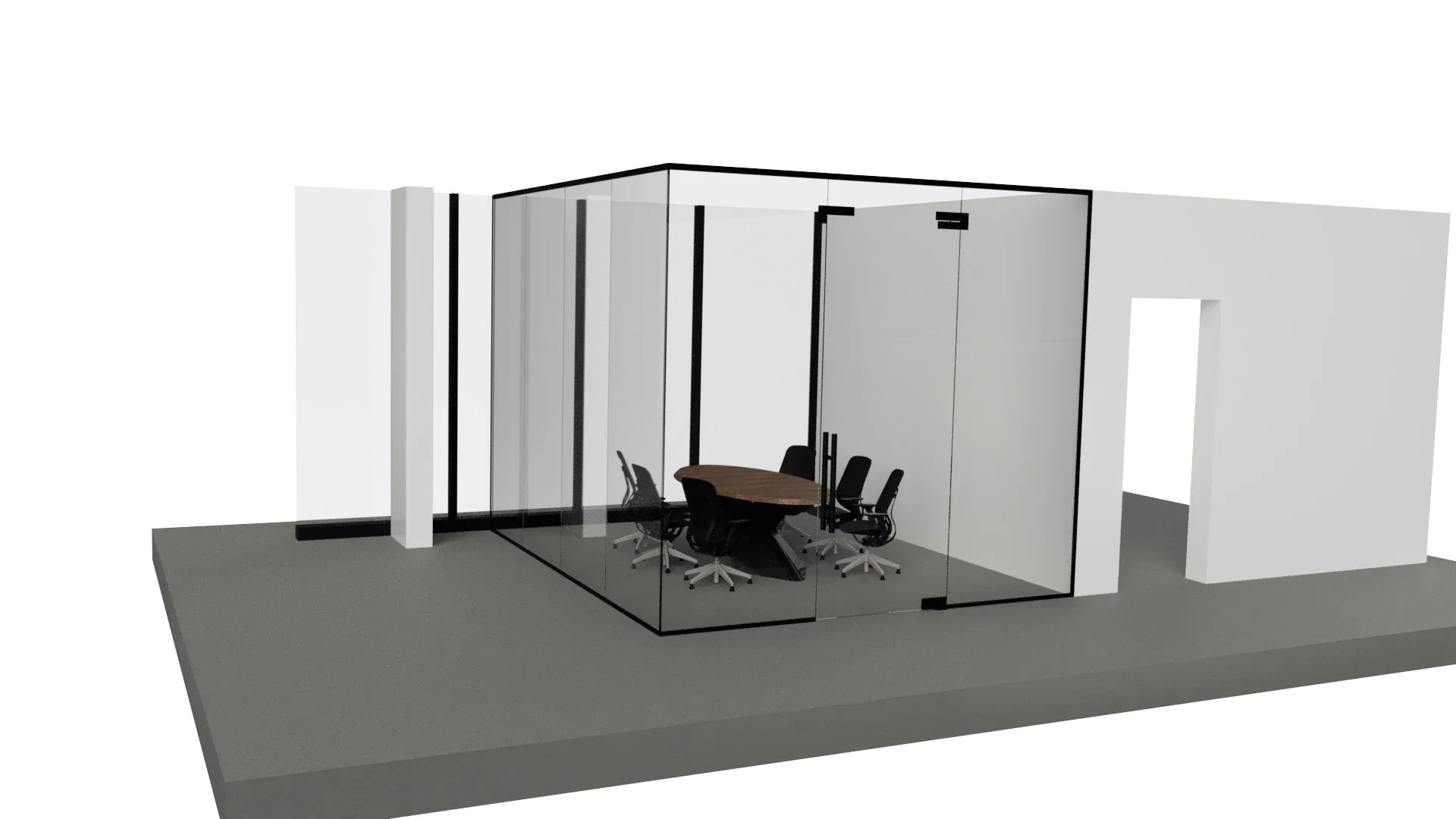 Modern glass-walled office meeting space with black chairs and wooden table.