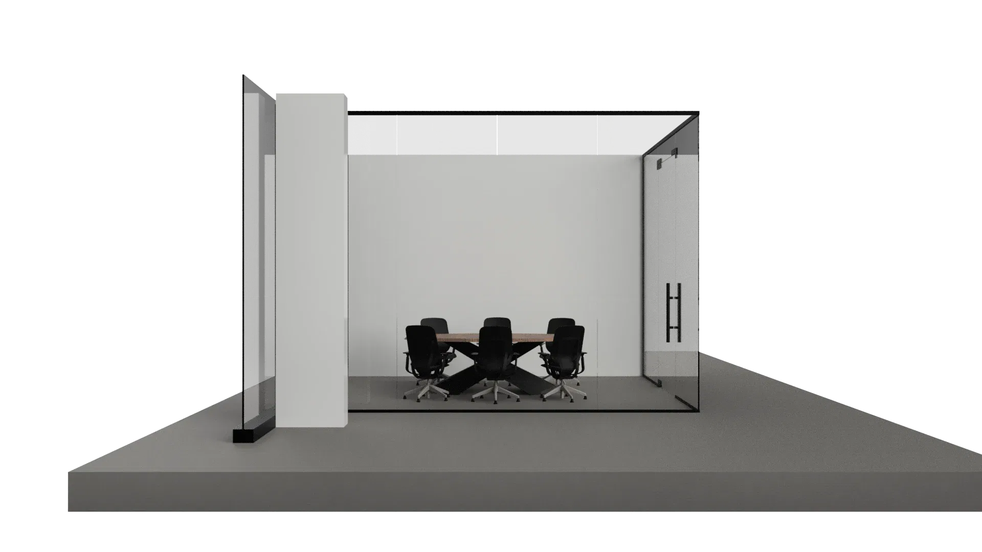 Modern glass conference room with sleek black chairs and minimalist design for professional meetings.