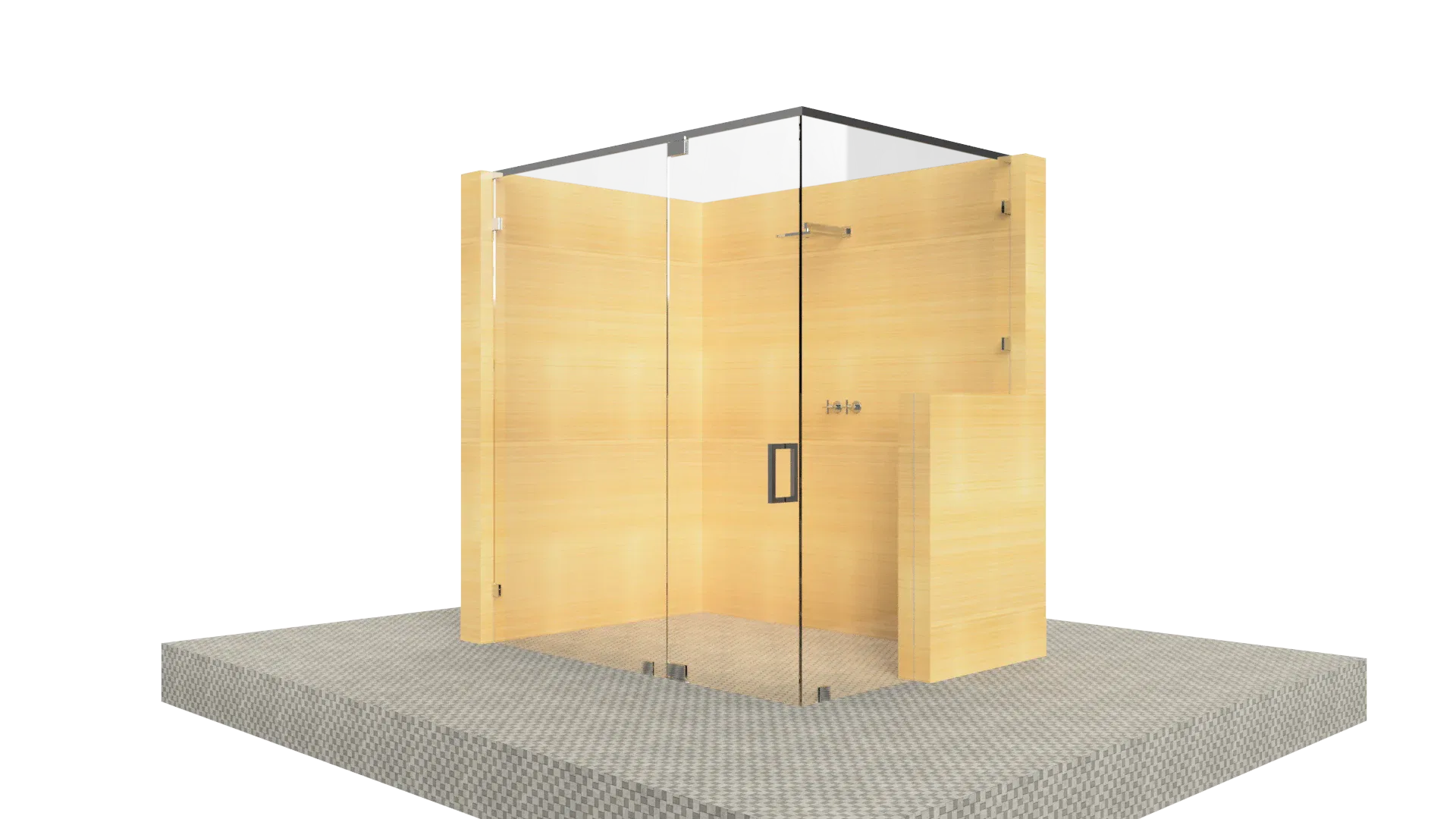 Stylish glass shower with wooden panels and sleek hardware, perfect for contemporary bathrooms.