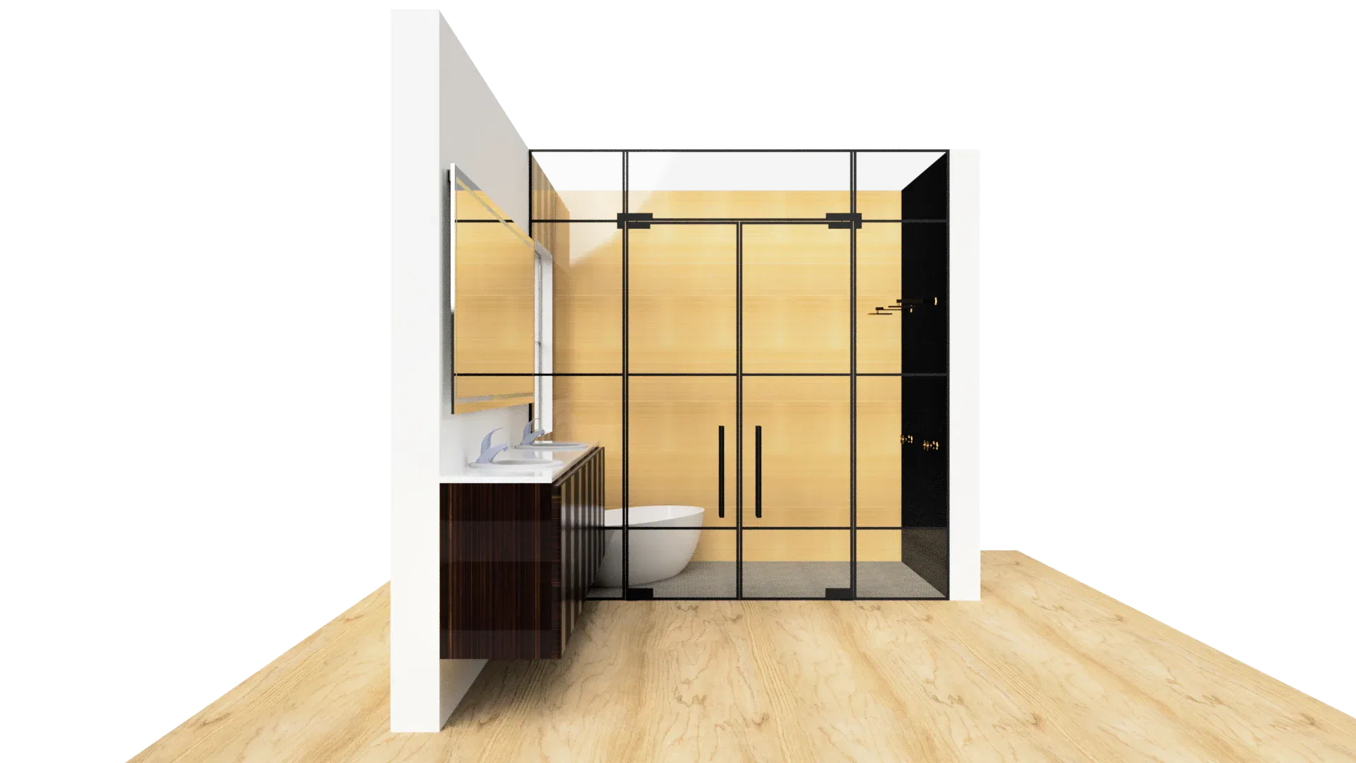 Stylish bathroom with glass shower, wooden cabinetry, and modern fixtures.