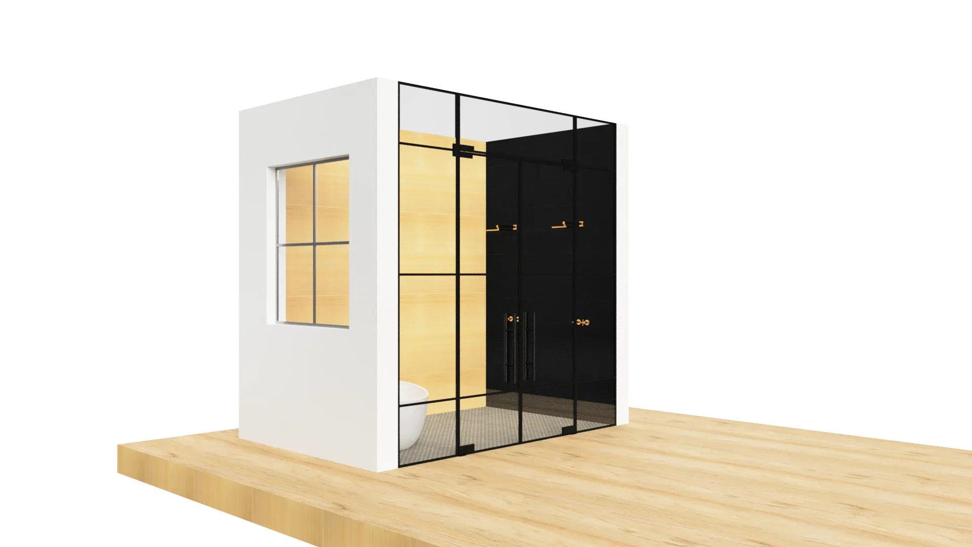 High-quality glass shower door with black framing, modern design. Perfect for bathrooms, premium glass and mirror craftsmanship.