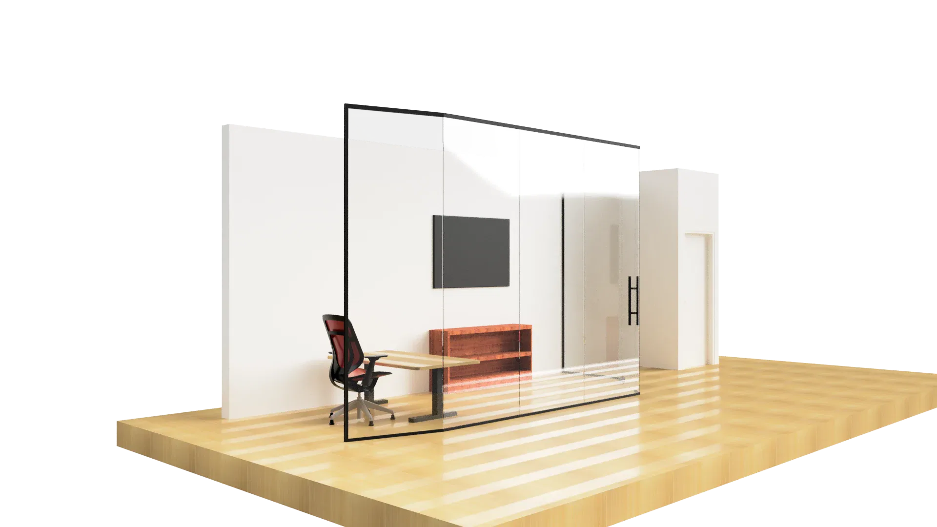 Elegant glass office partition with metal frame, ideal for modern workspace customization.