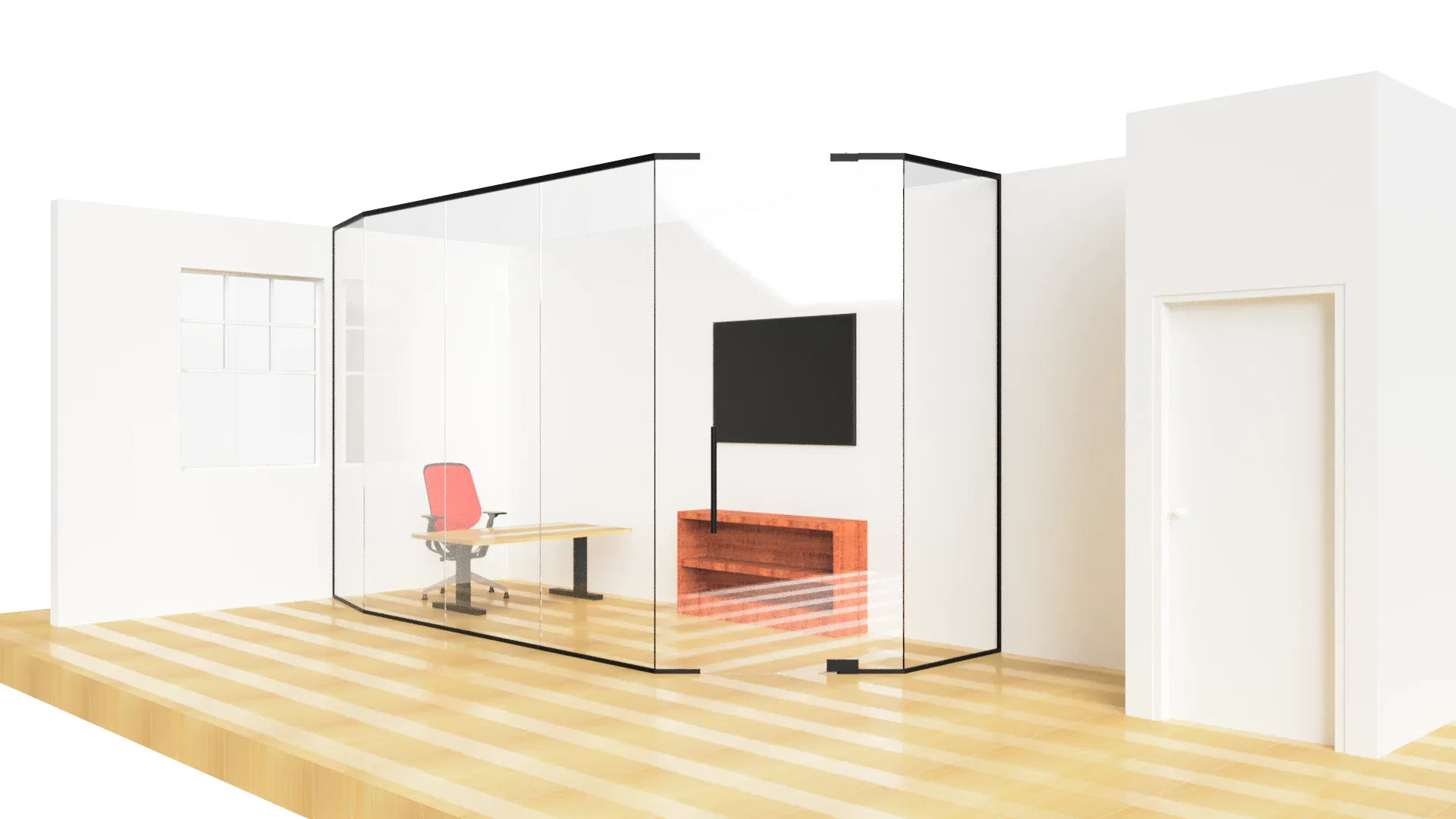 Glass office interior with clear walls, modern furniture, and a sleek, minimalist style for professional use.