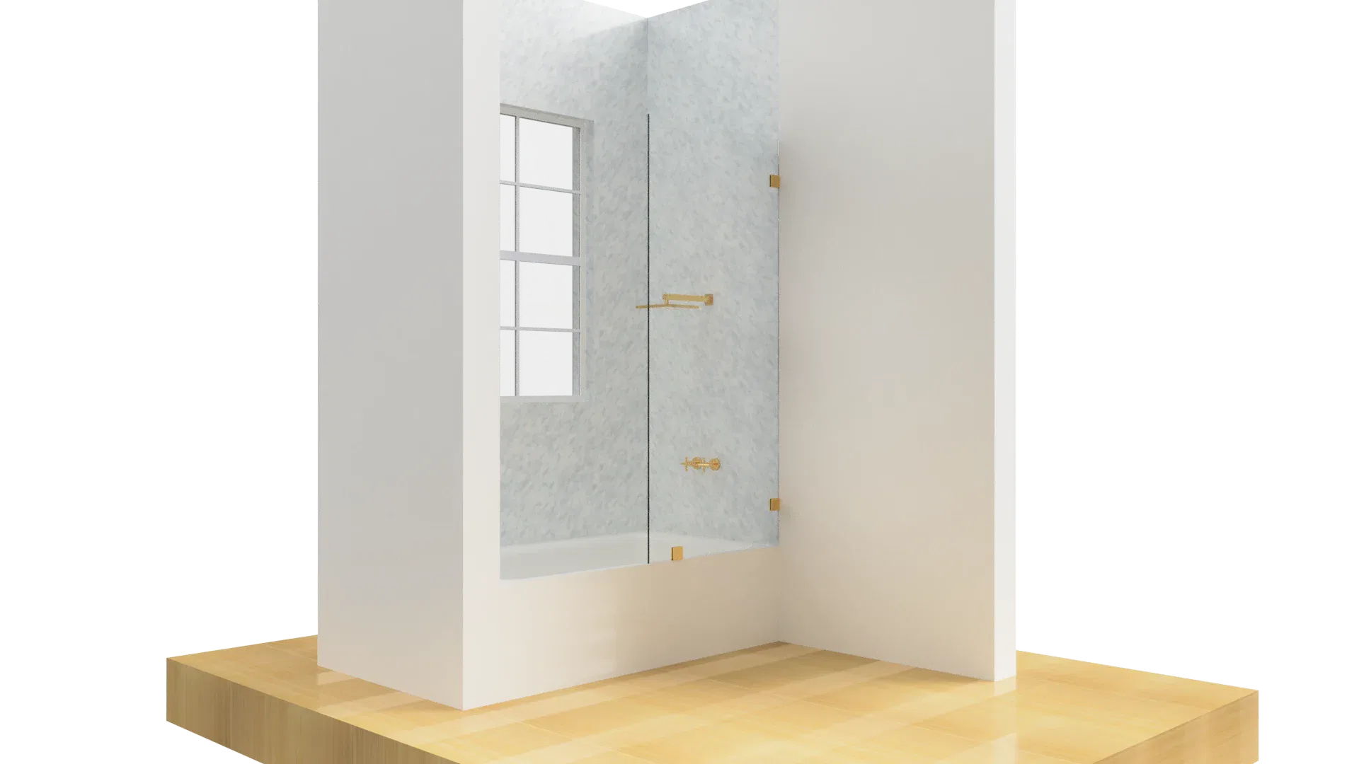 Transparent glass shower with gold hardware, modern design, and natural light.