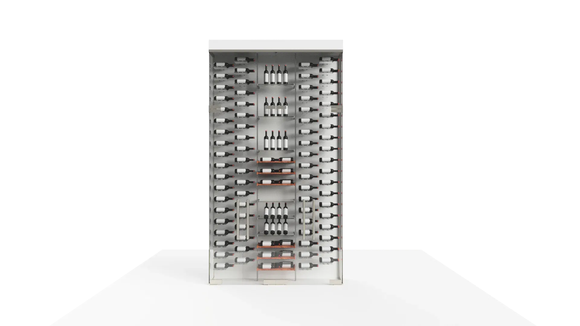 Stylish wine fridge featuring glass door and mirror finish, perfect for wine storage and display.