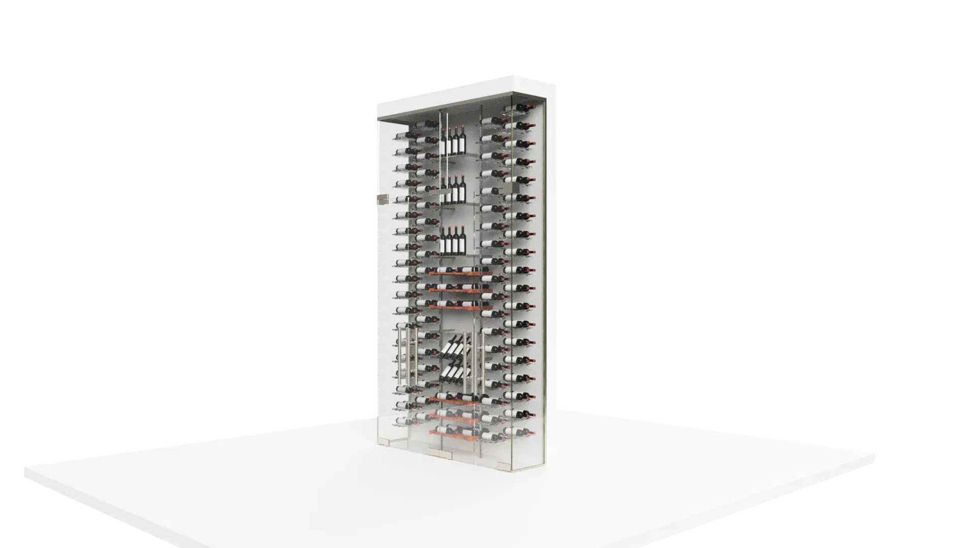 High-quality glass wine cooler with mirror exterior, perfect for wine enthusiasts and premium interiors.