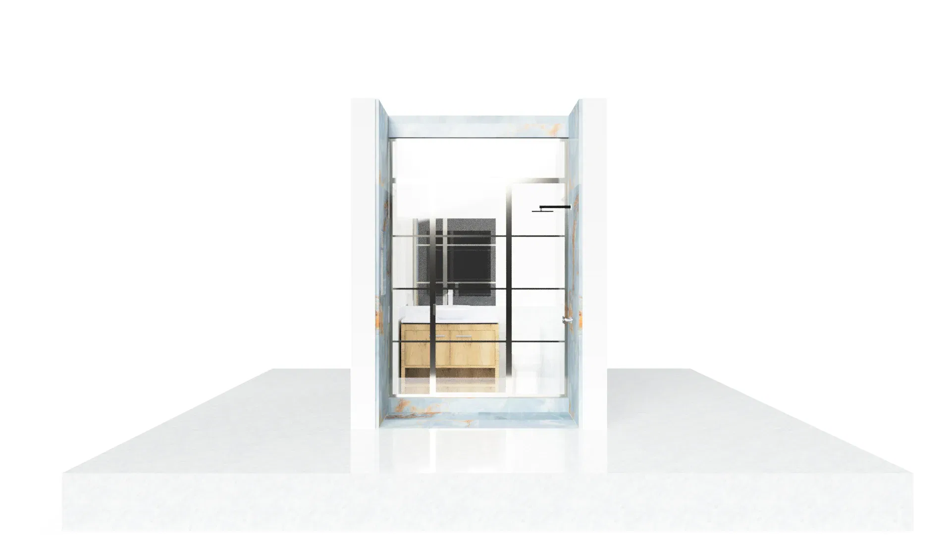 Modern glass and mirror door for interior spaces with sleek black framing.