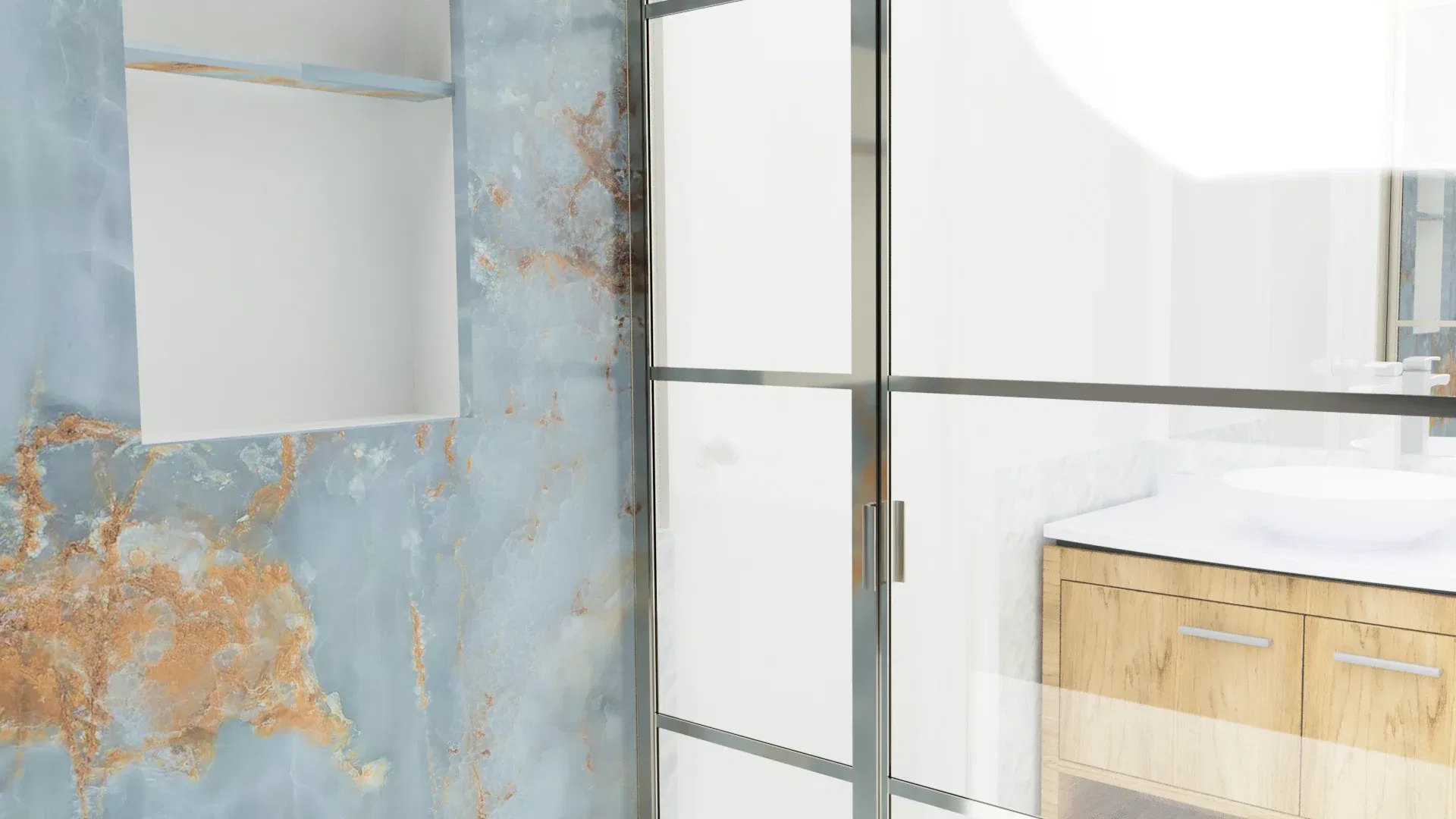 High-quality glass shower doors with sleek metal framing and modern bathroom design.