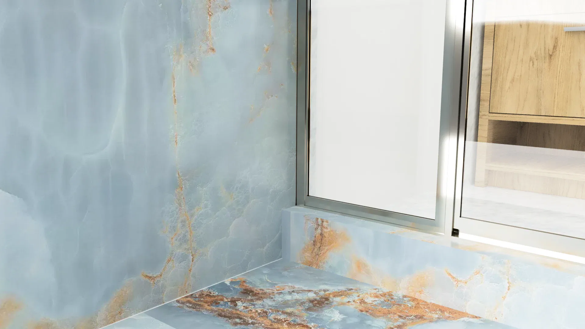 High-quality glass shower door with marble wall for modern bathroom design.