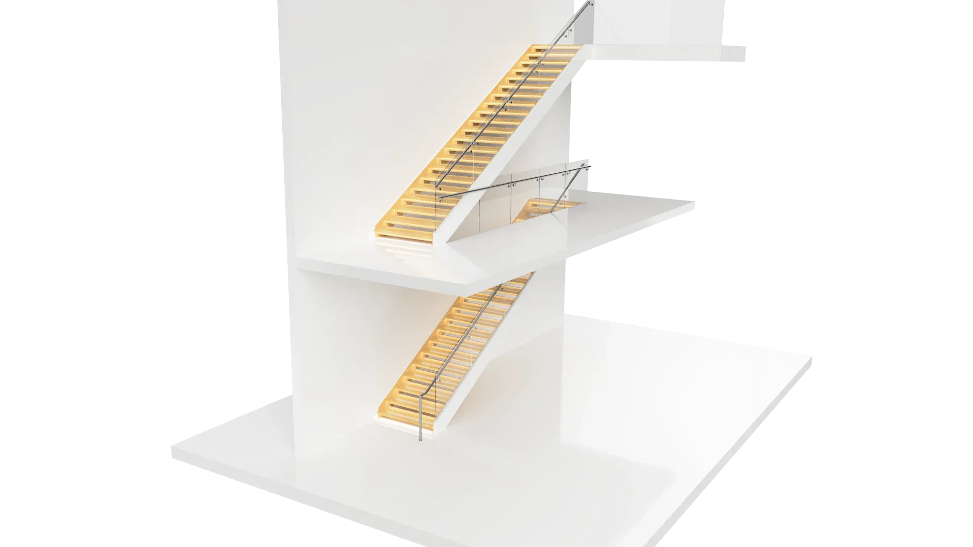 Elegant glass and mirror staircase with sleek handrails, showcasing custom glass craftsmanship.