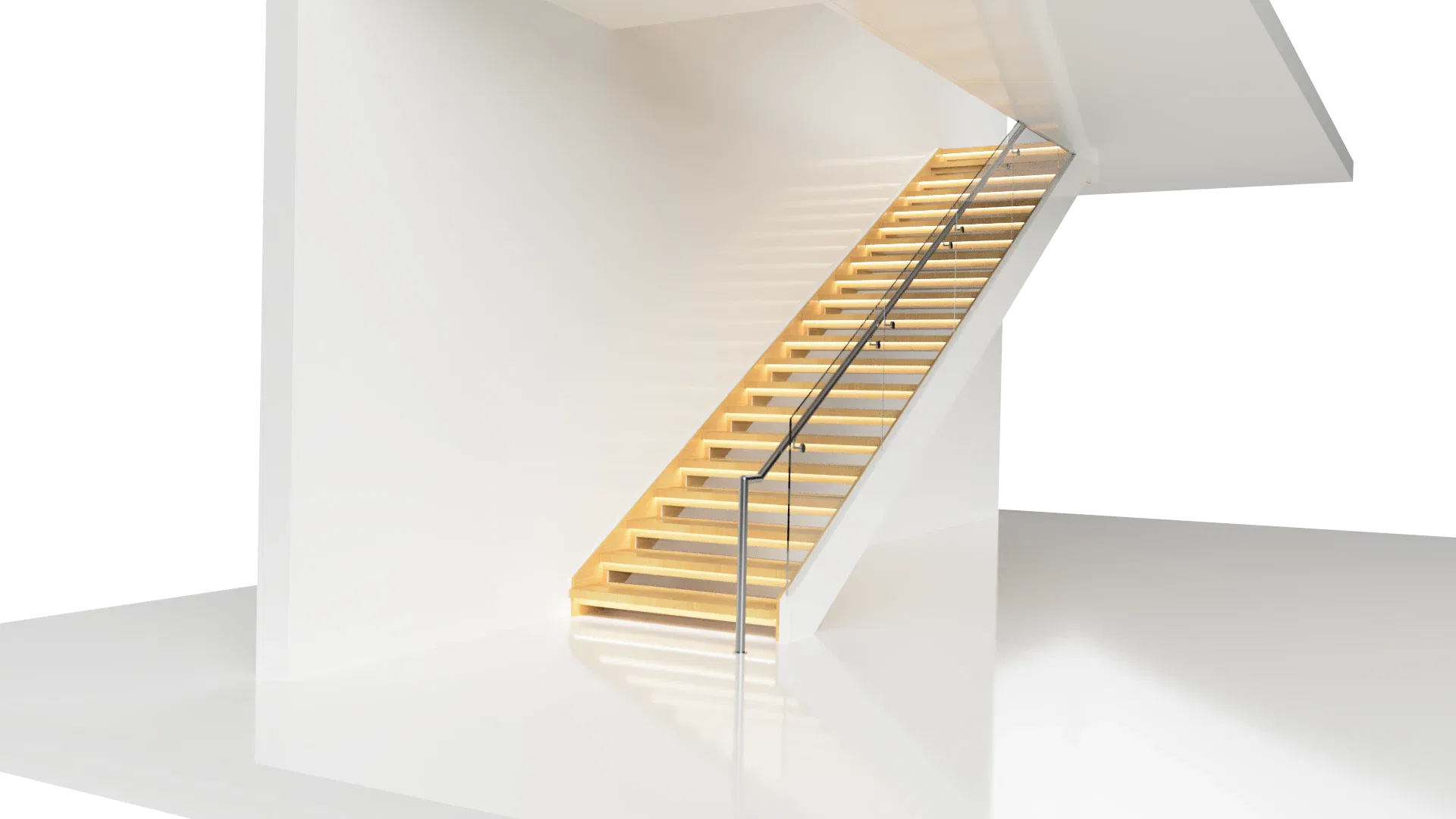 Modern glass staircase with wooden steps and sleek metal handrail for contemporary interiors.