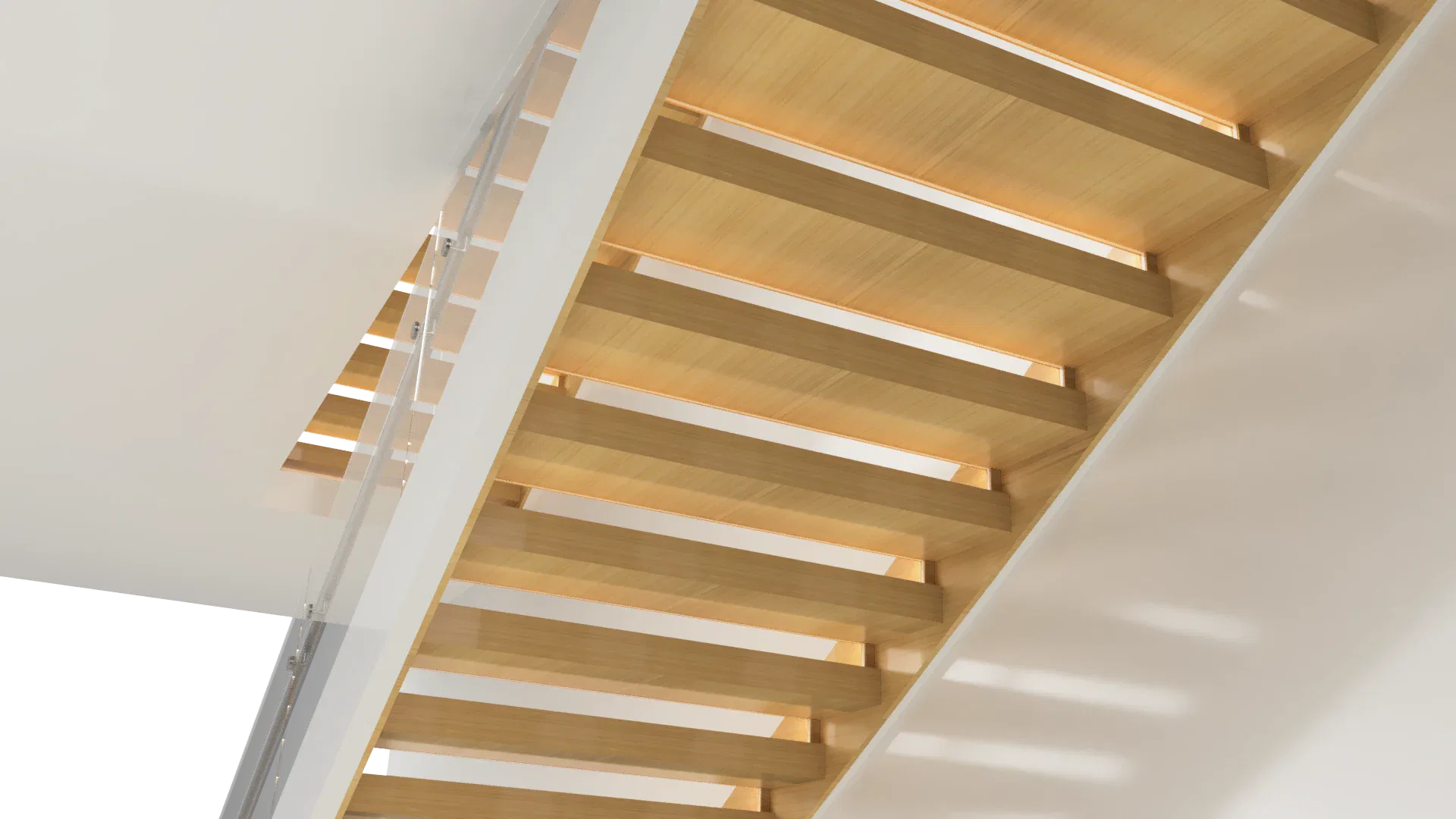 Modern wooden staircase with glass railing, sleek design, premium glass and craftsmanship.