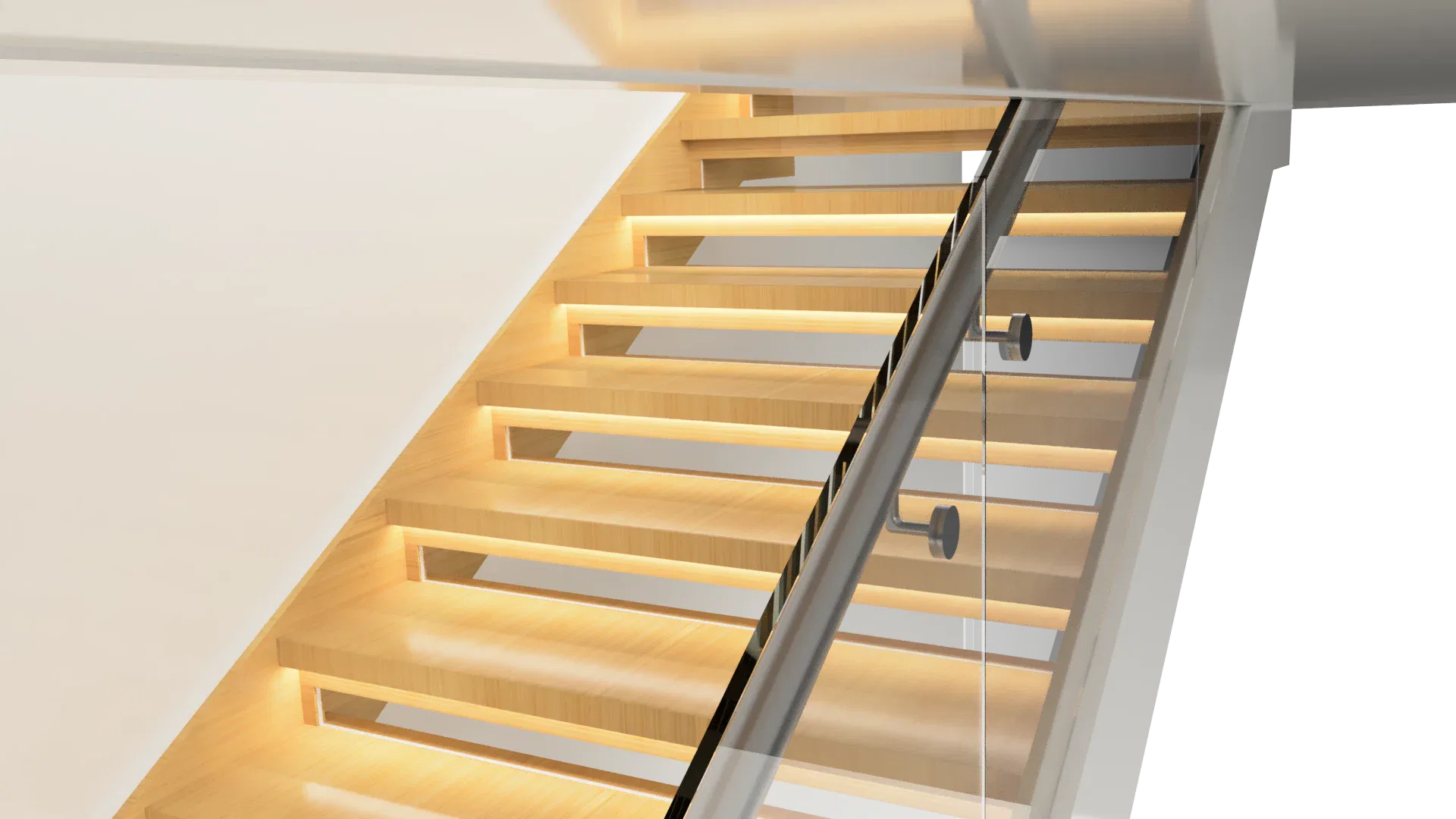 High-quality glass staircase with wooden steps, modern metal railing, perfect for stylish home interiors.