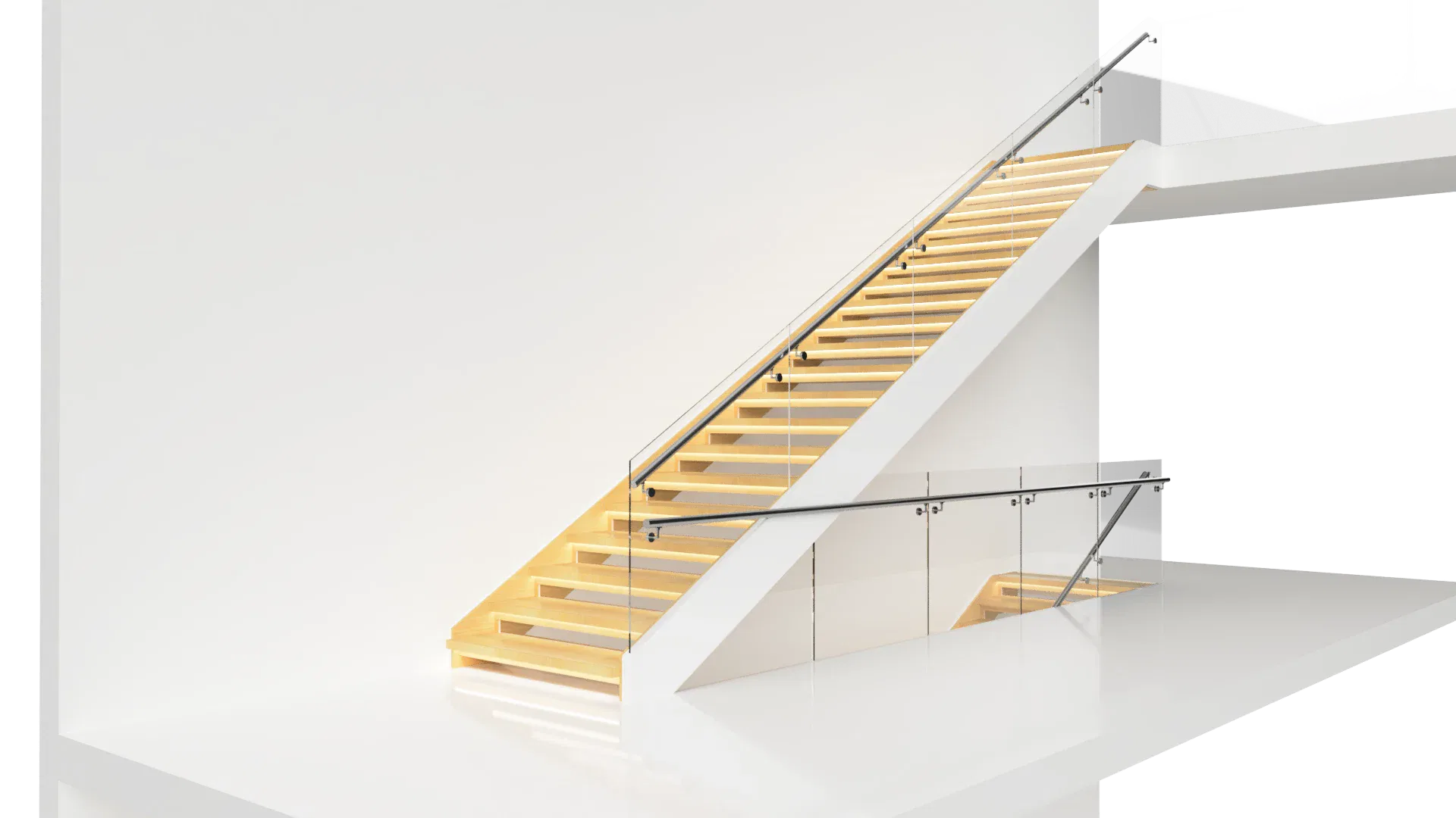 Stainless steel and glass staircase featuring wooden steps and safety glass panels perfect for contemporary homes.