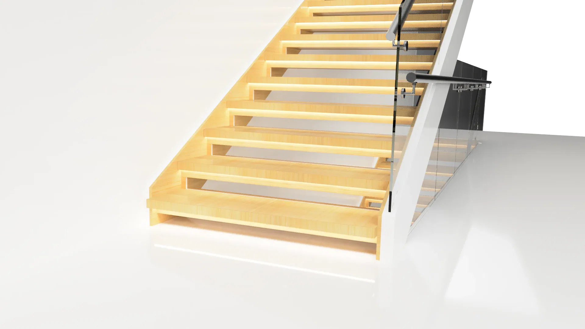 Stylish wooden staircase with glass railing for modern interior design.