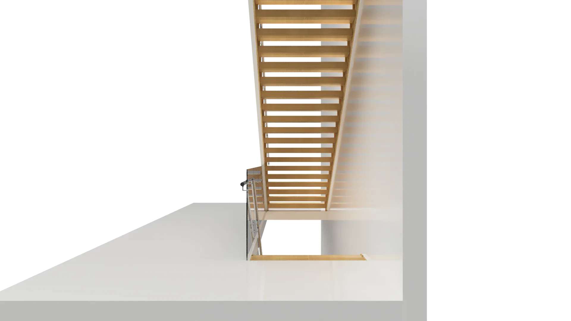 Stunning wooden staircase with sleek glass railing in minimalist interior design.