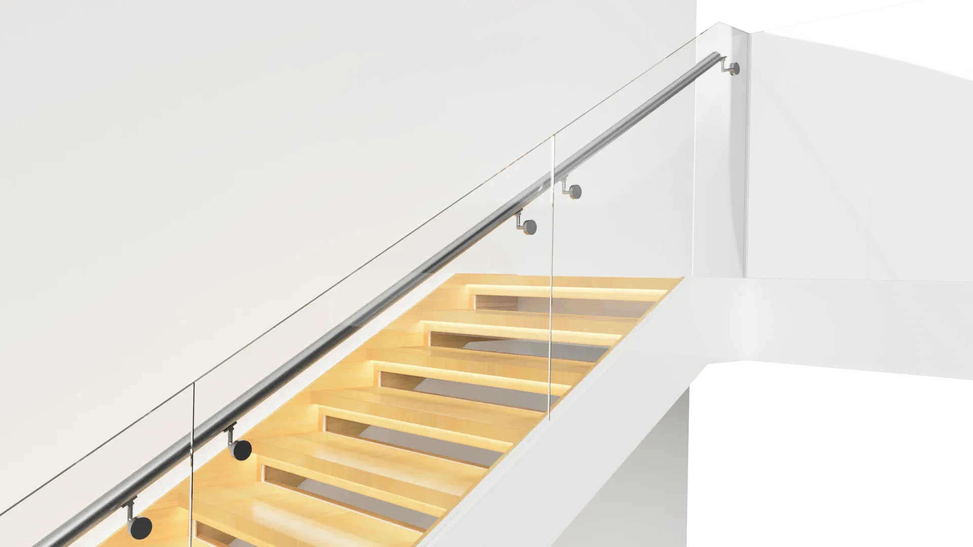 Sleek glass and metal railing staircase with illuminated wooden steps, stylish home interior design.
