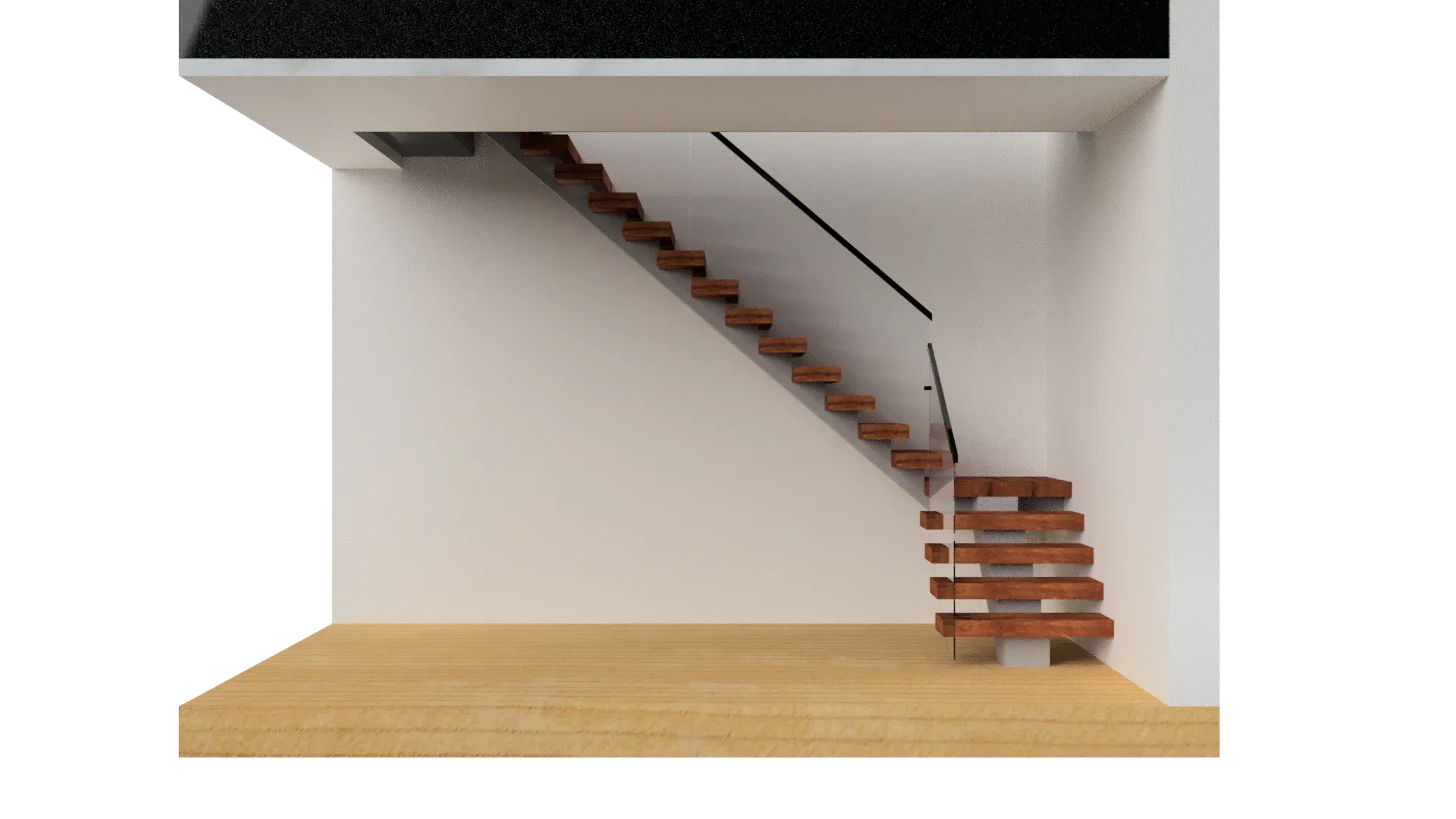 Minimalist wooden staircase with sleek black metal handrail in modern home interior.
