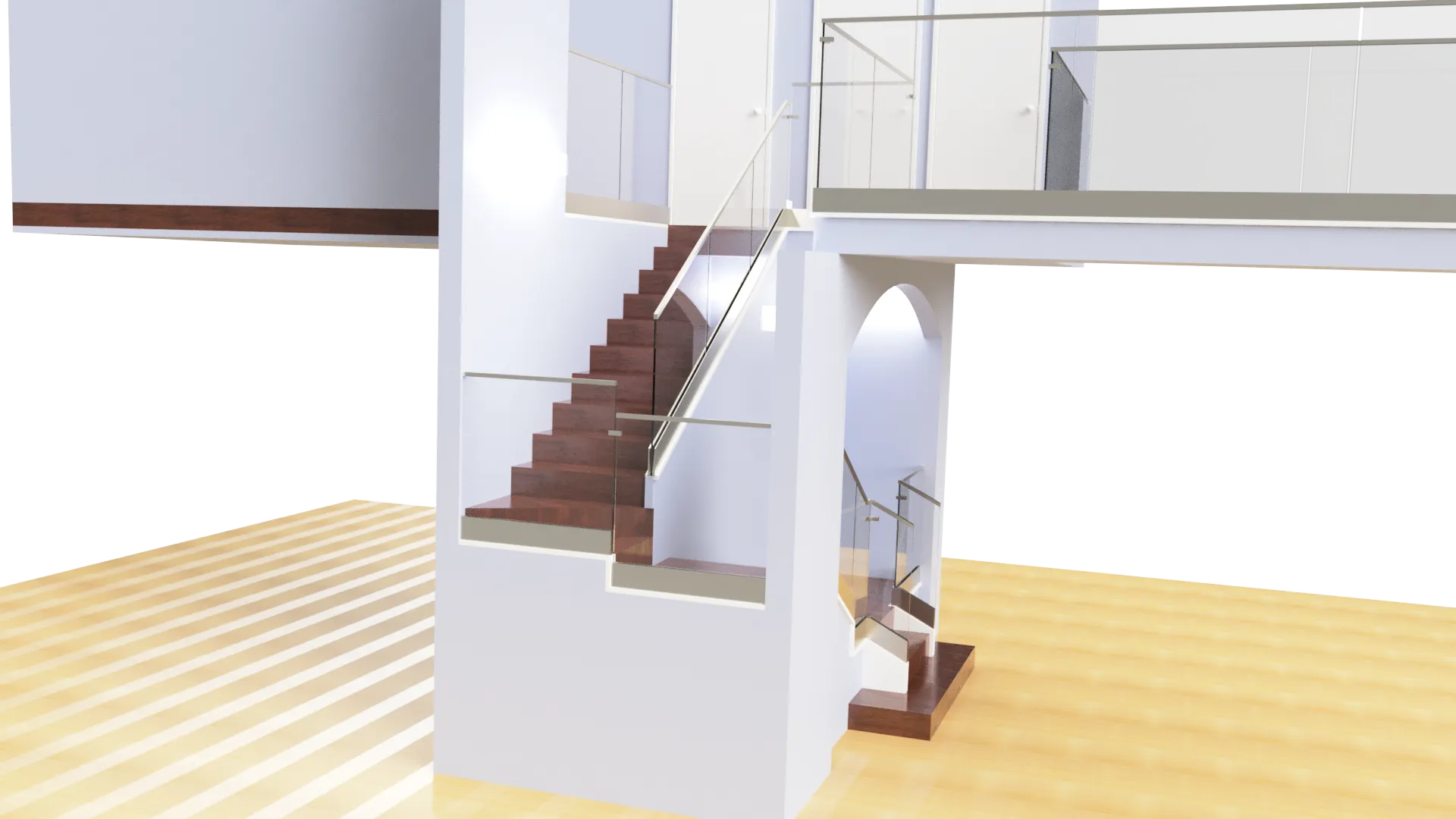 Modern glass and wood staircase with sleek railings in a bright, stylish interior.
