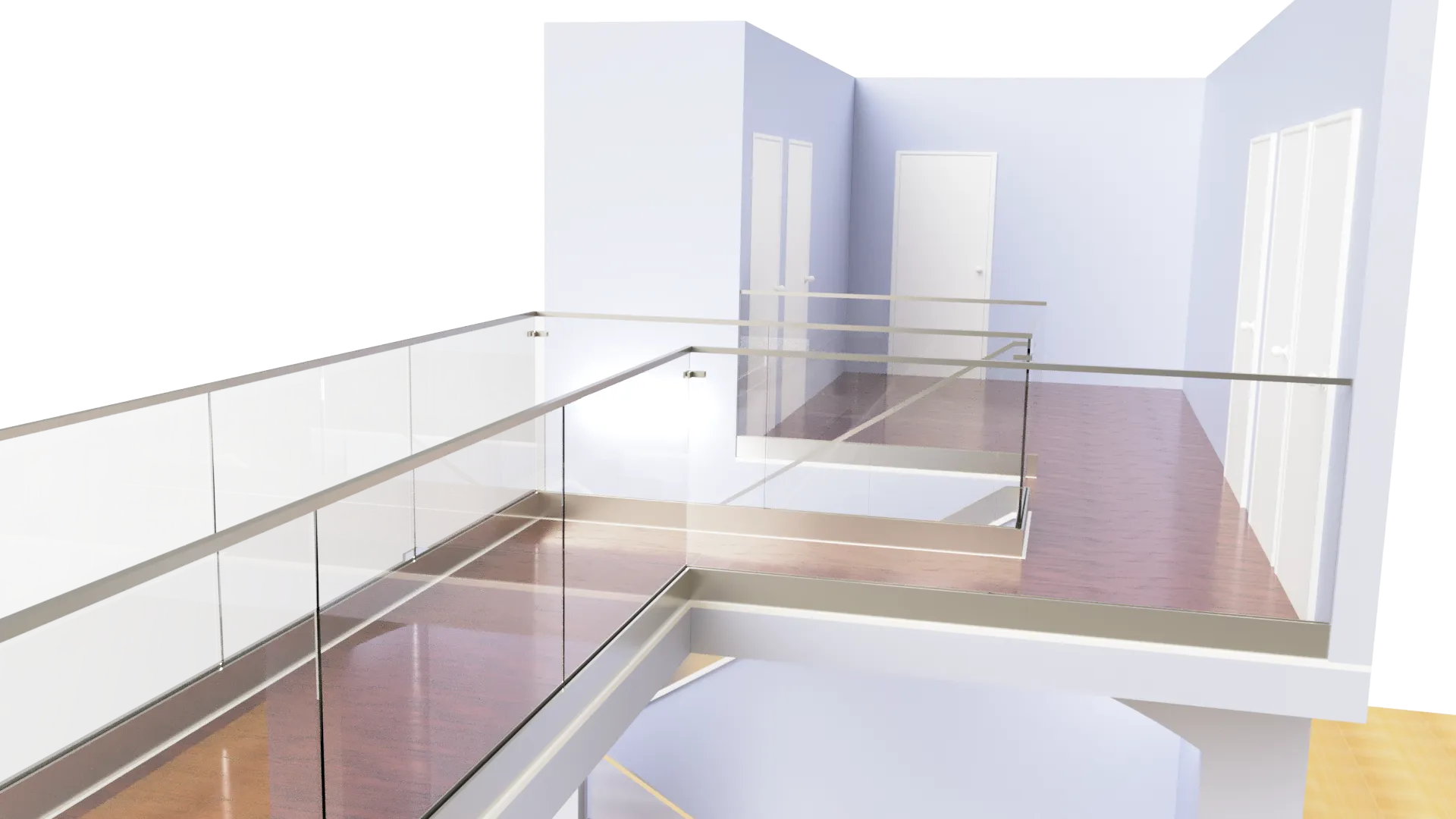 Stainless steel and glass railing staircase with modern design.