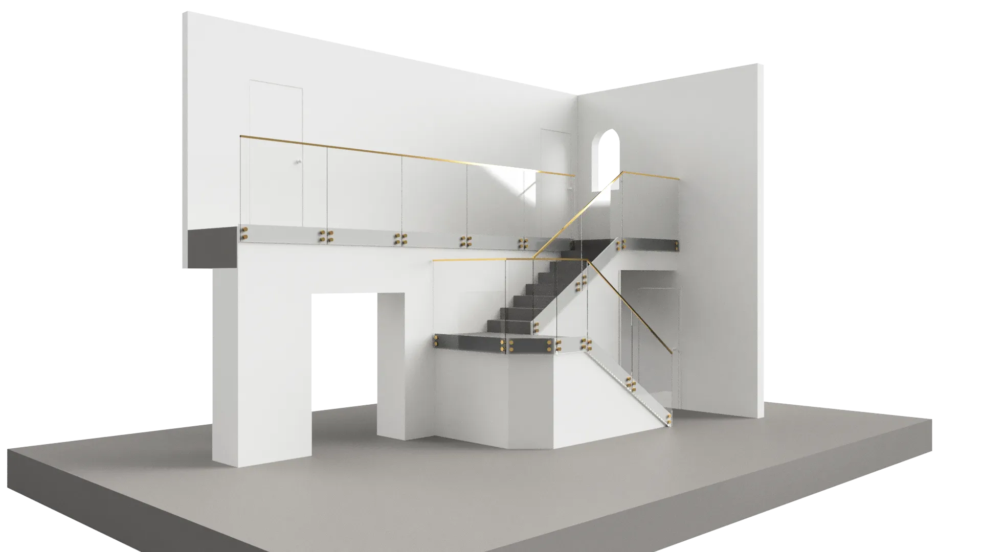 Stunning glass staircase featuring sleek glass railings and minimalist aesthetic.
