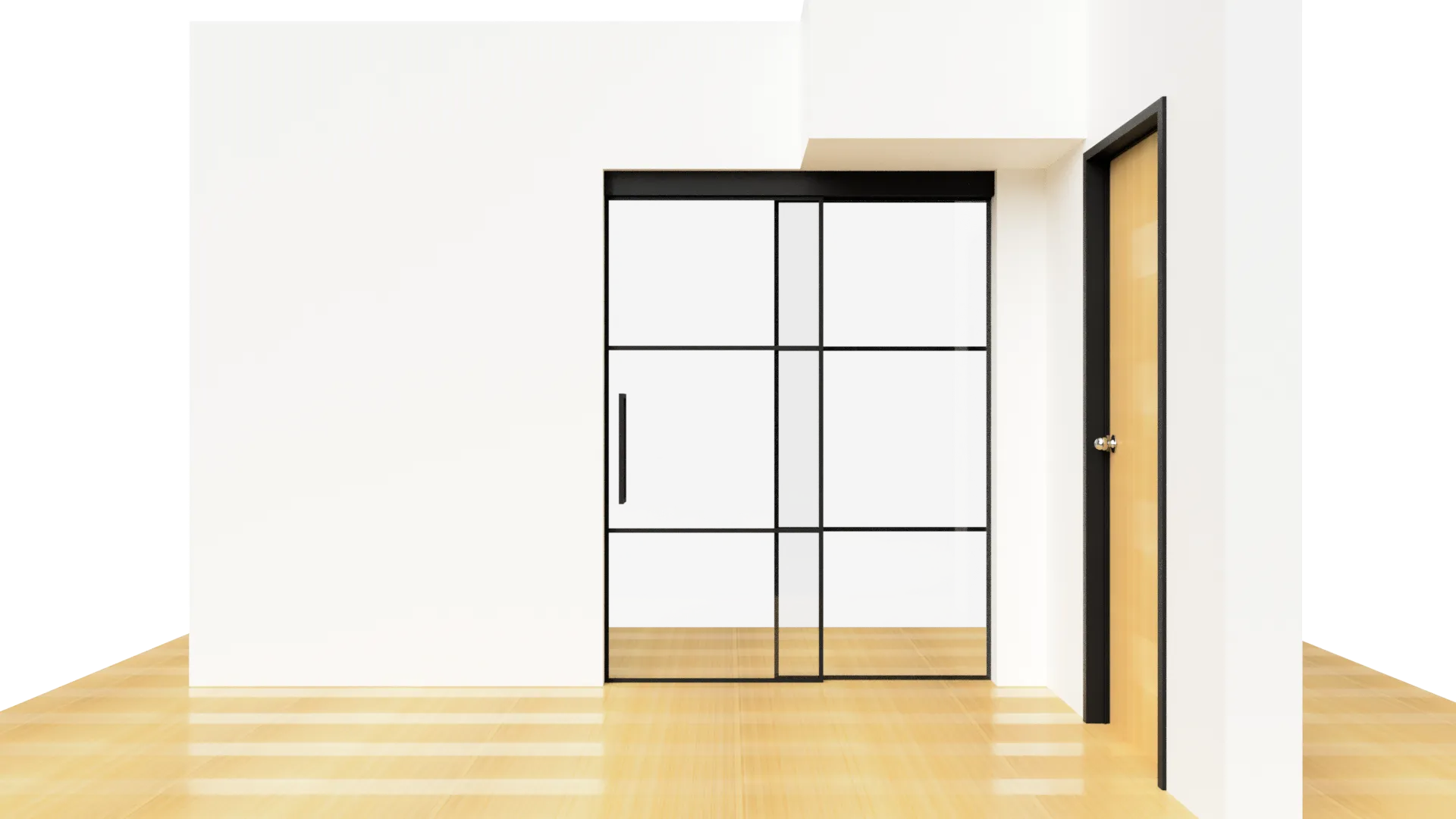 Modern black-framed glass cabinet doors with sleek design, perfect for home or office storage.