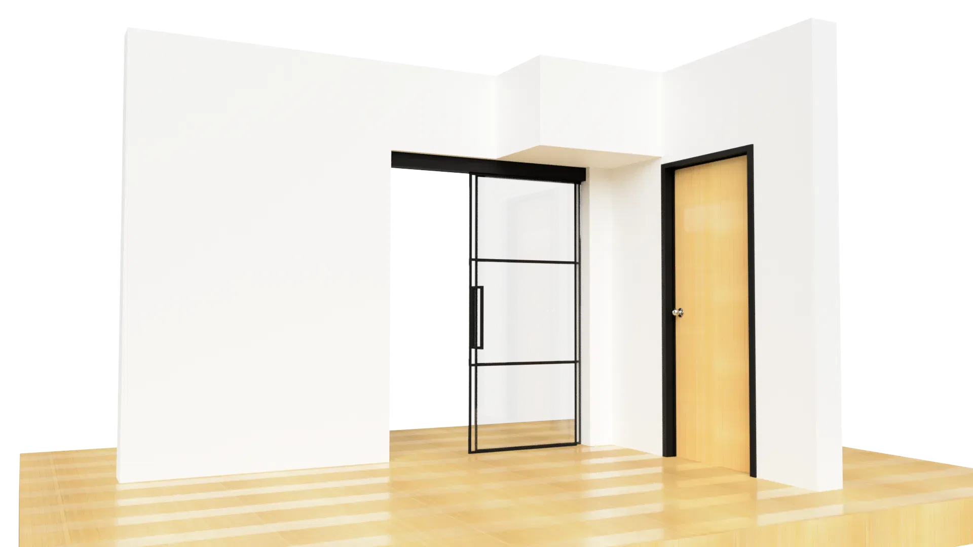 Door with black metal frame, glass panel for interior space, modern aesthetic, high-quality glass, contemporary design.