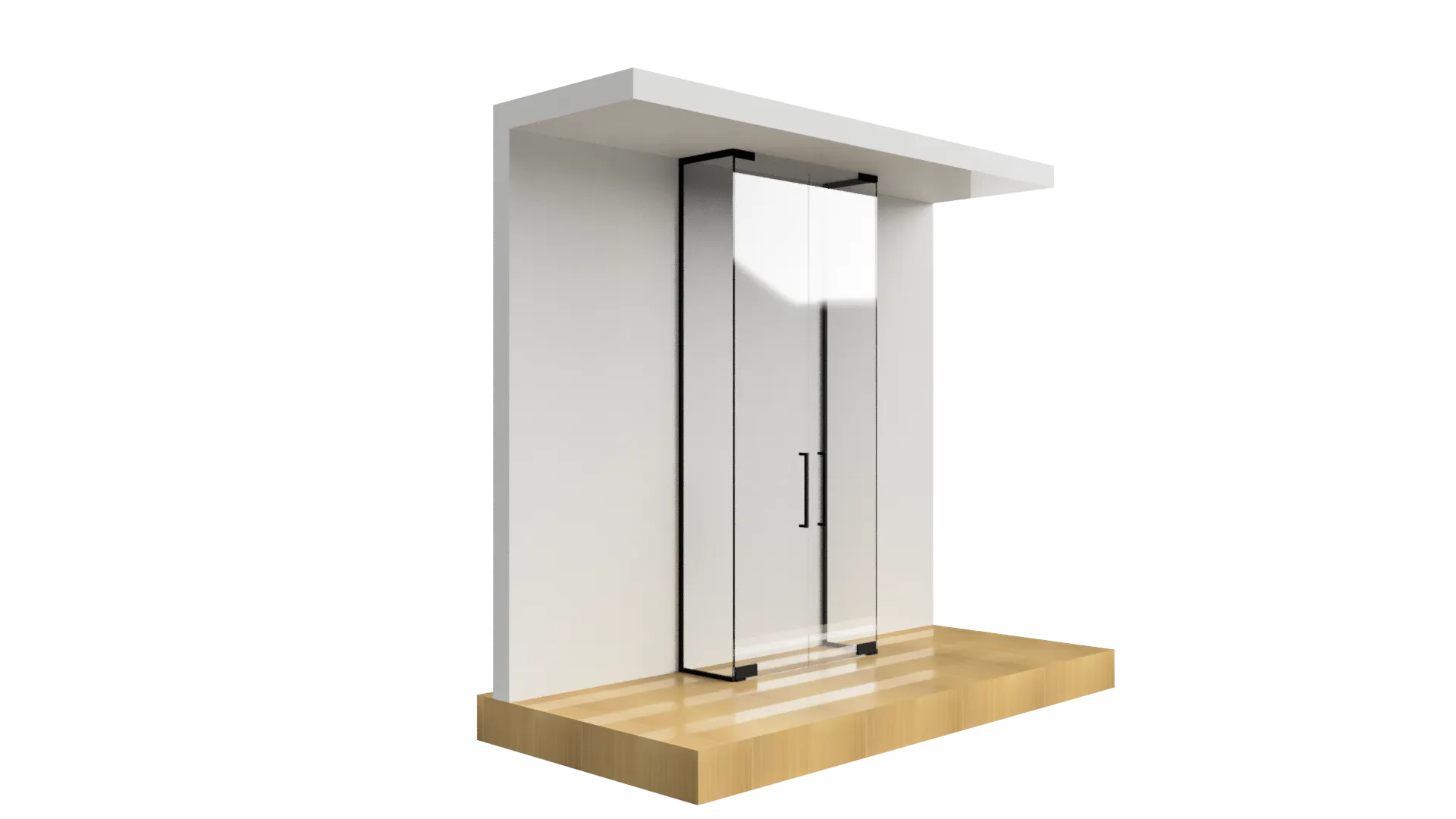 Modern glass door with black frame and handles in a sleek interior setting.