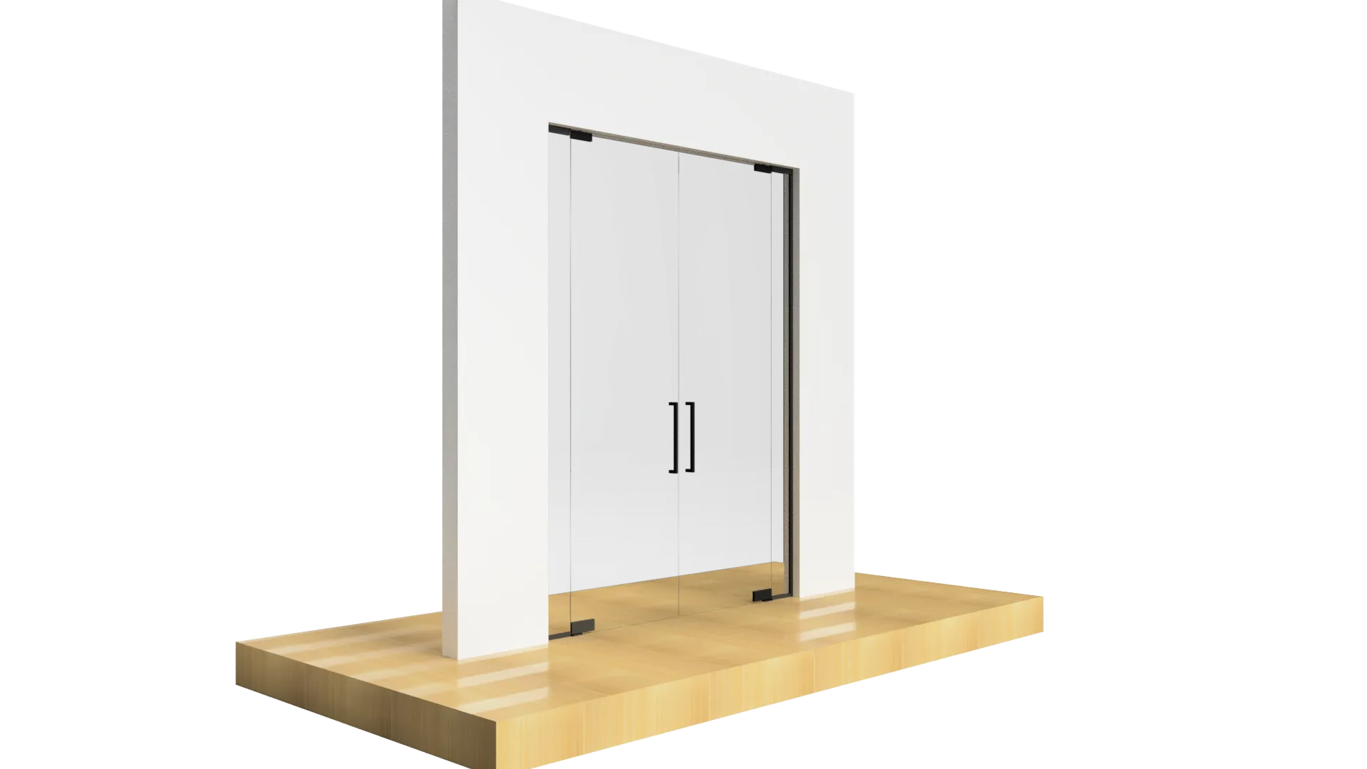 Modern black glass elevator door with sleek handles and white wall background.