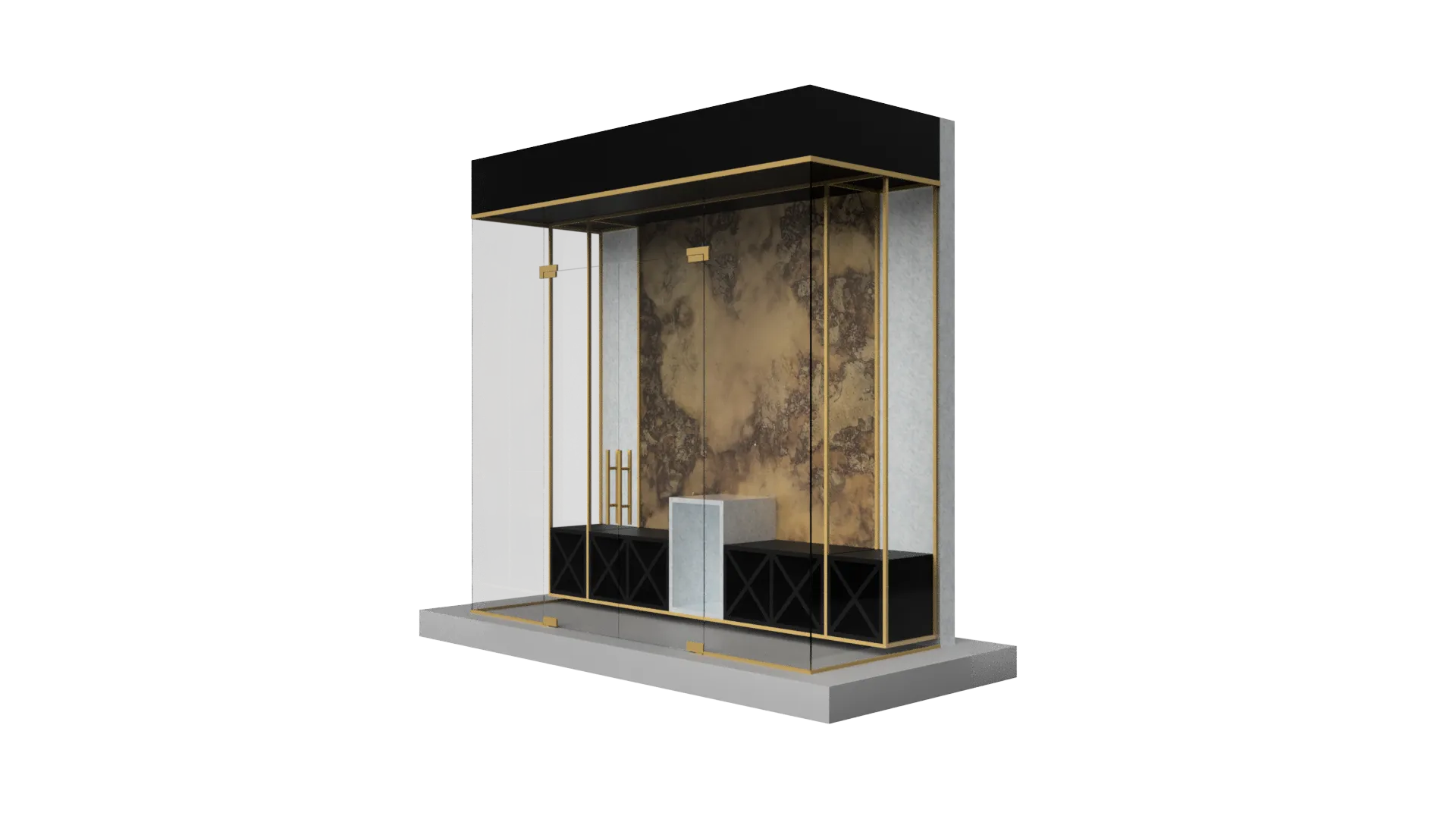 Glass mirror display with black and gold frame, modern design, showcasing quality craftsmanship.