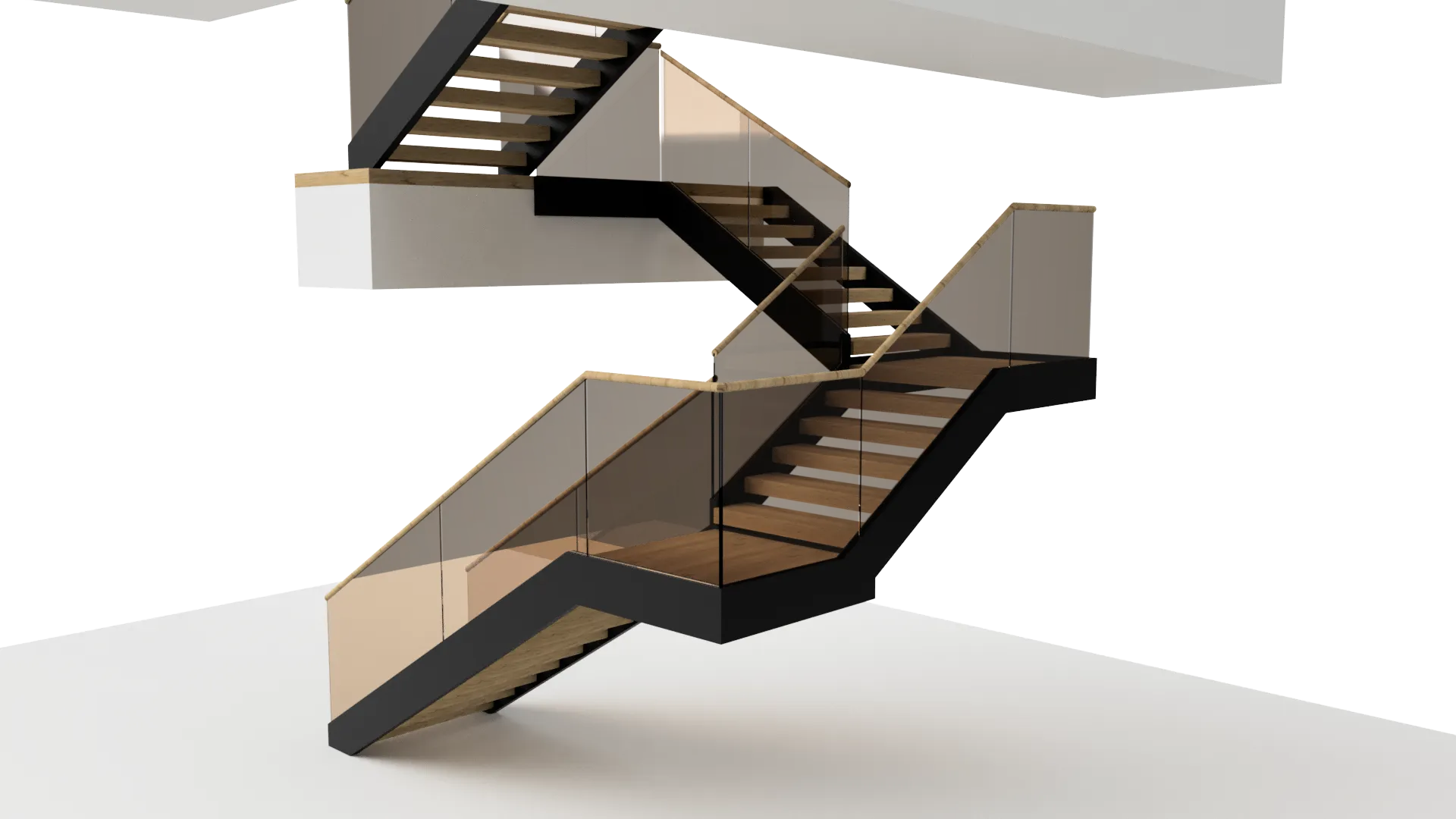 Stylish glass staircase featuring black metal structure and clear glass railings, ideal for contemporary interiors.
