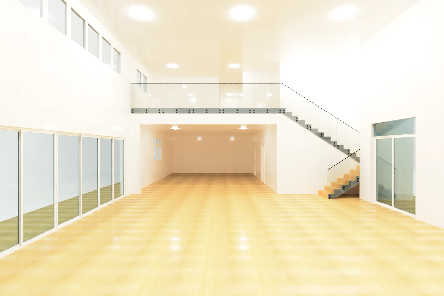 Bright open room with glass balcony and staircase, showcasing custom glass mirror and railing design.